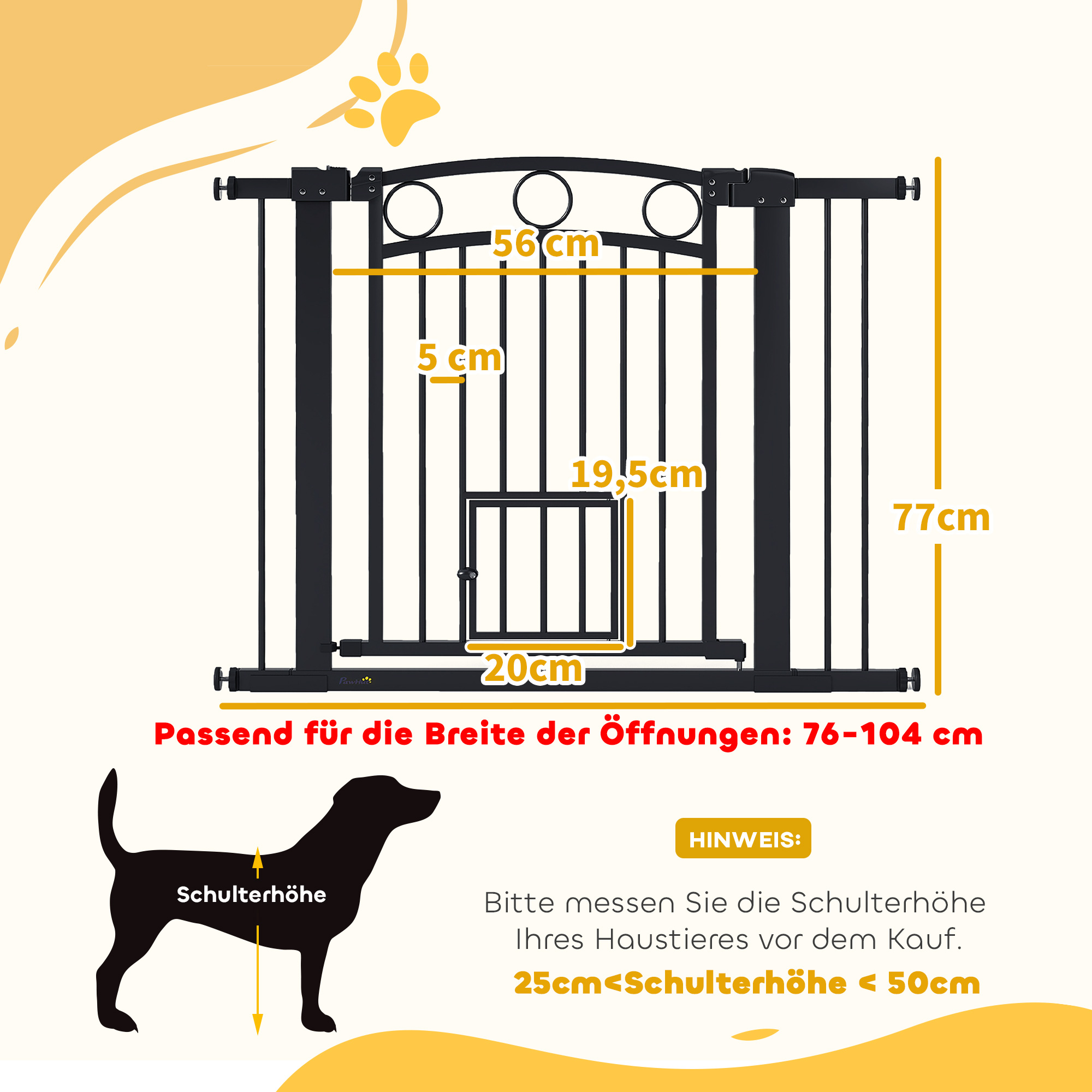 Haustiertor, 77 cm Treppengatter, verstellbare Breite 76-104 cm, mit Katzentür, für Treppen und Türöffnungen, Schwarz