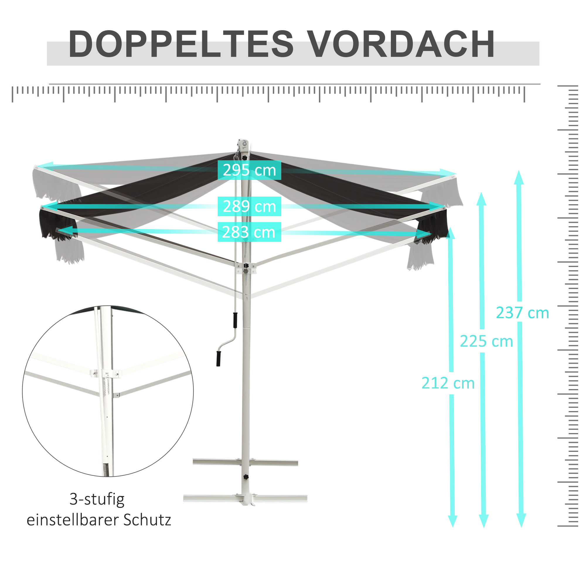 freistehende Markise, neigungsverstellbar, Handkurbel, Metallgestell, wetterfest, 4x3m, Grau