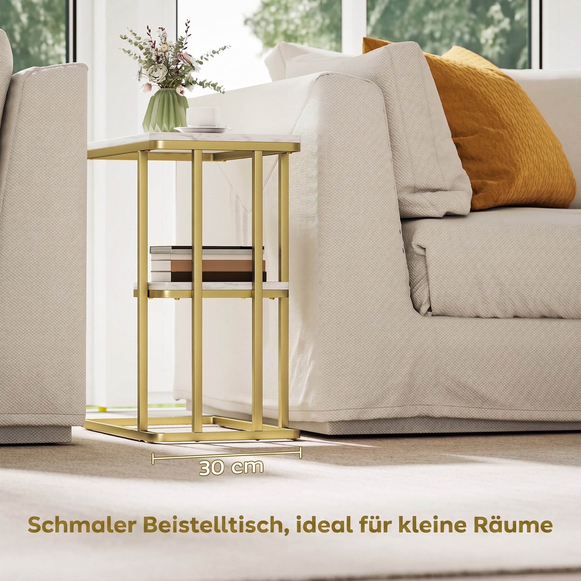 Beistelltisch, C-förmiger schmaler Couchtisch mit Stauraum, moderner Nachttisch für kleine Räume, 50 x 30 x 57,5 cm