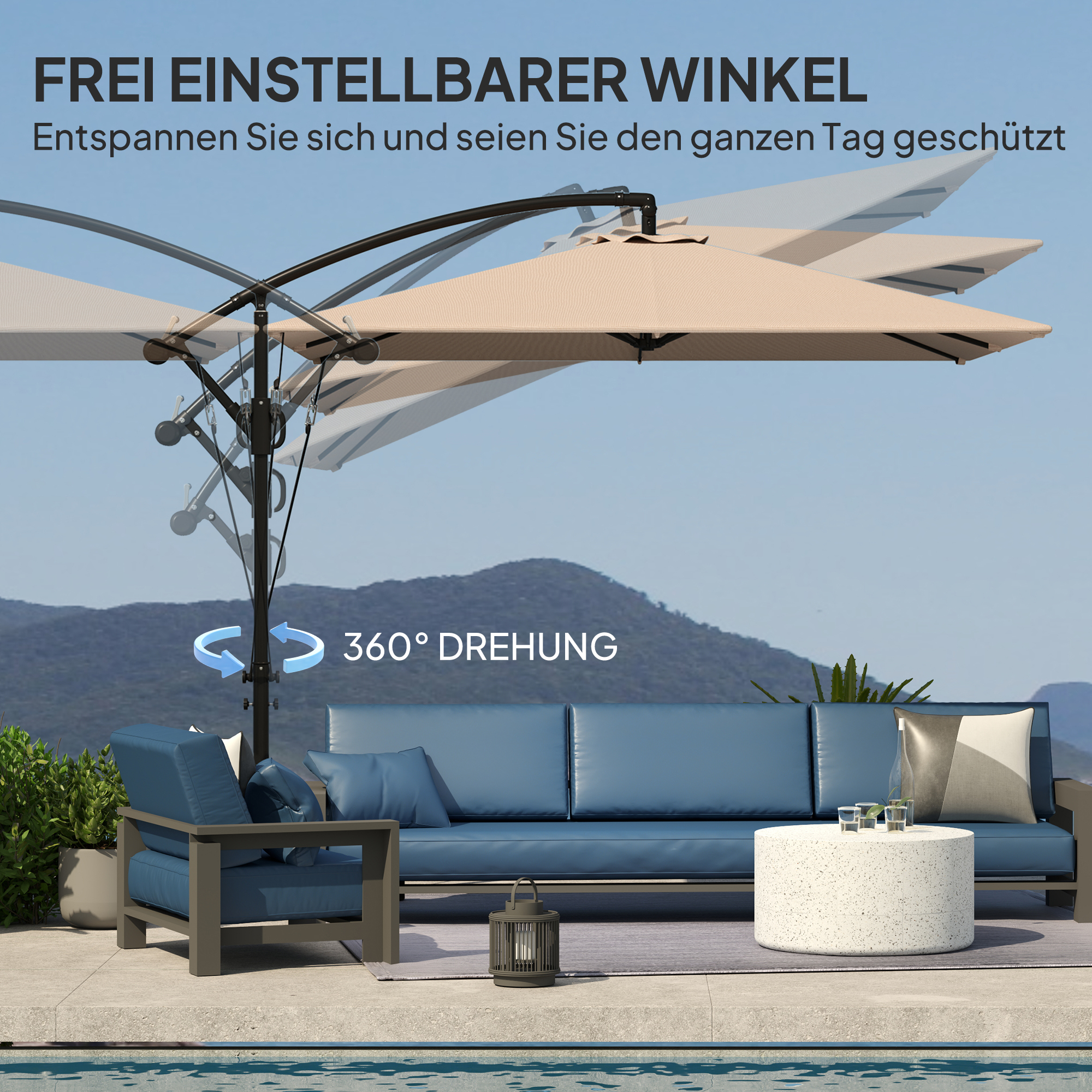 Ampelschirm Ø260 cm Sonnenschirm mit UV-Schutz 50 wasserabweisend Kurbelschirm mit Ständer, Khaki