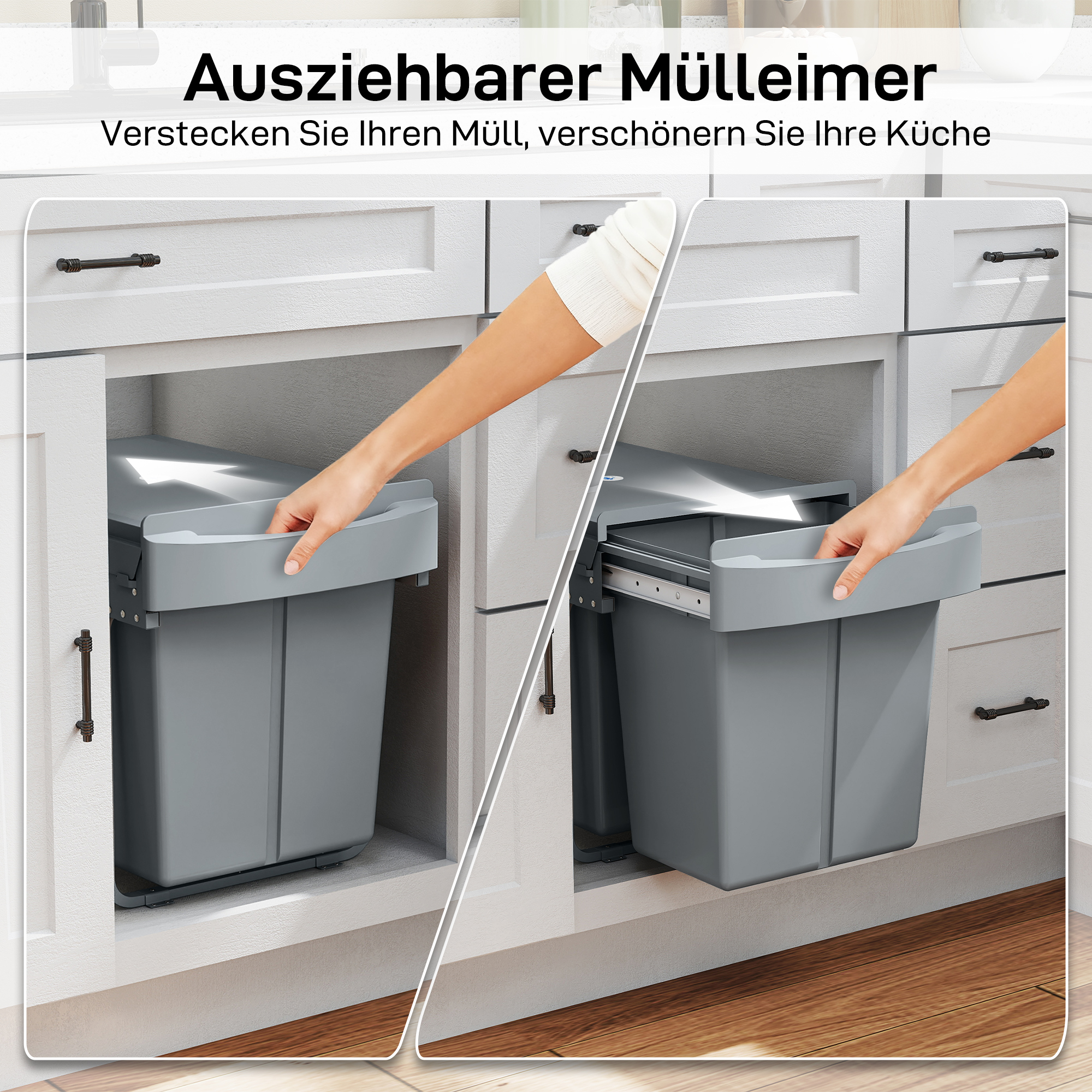 Ausziehbarer Mülleimer, 2 x 20 L, entnehmbare Behälter, Kunststoff, Metall, Grau