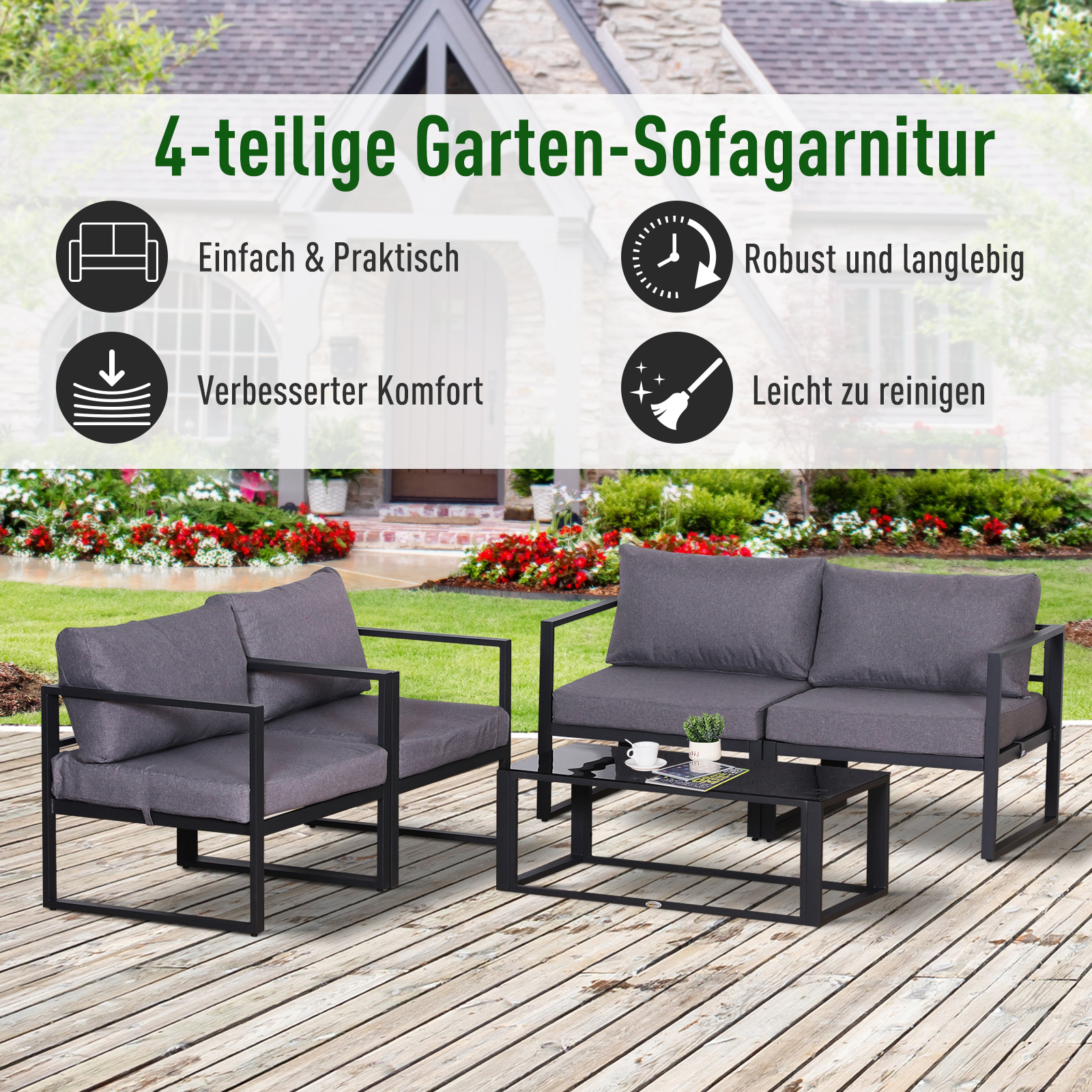Vierteiliges Gartenmöbel Set, Sitzgruppe, Sofa mit Sitzkissen, Tisch mit Stauraum, Polyester, Grau, 138 x 69 x 63 cm