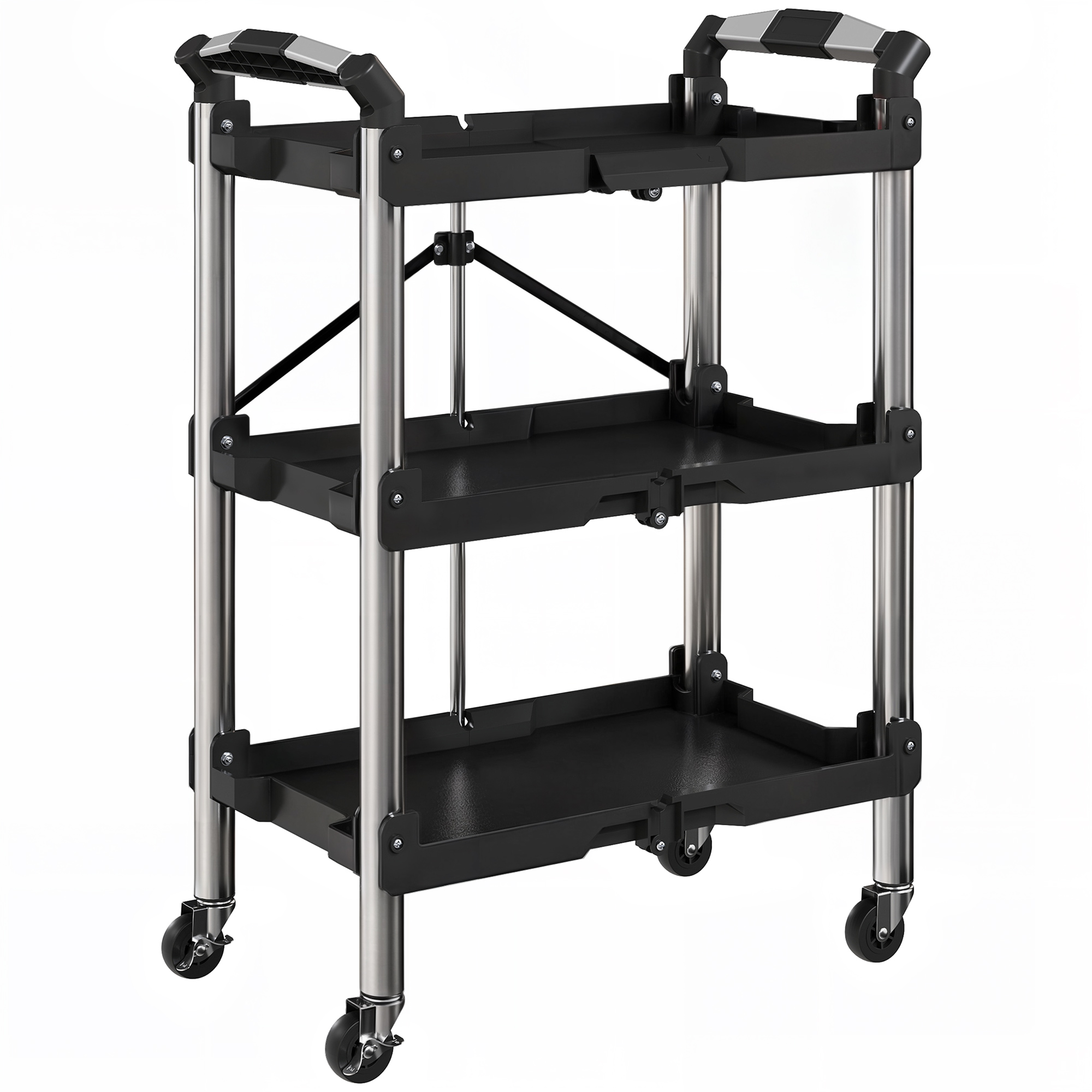 Werkzeug-Trolley, klappbarer 3-stufiger Werkzeugwagen, Kunststoff, Stahl, Schwarz