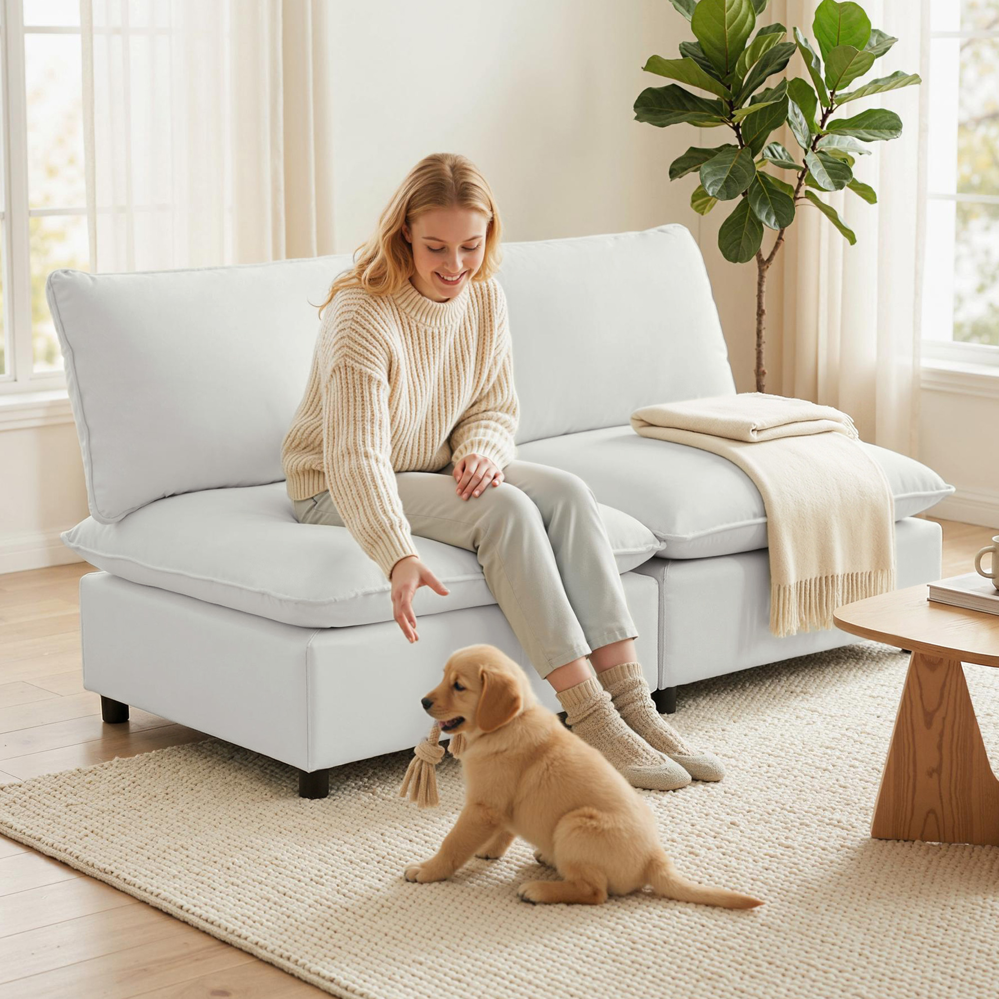 2-Sitzer-Sofa, 146 cm Kunstleder-Modularsofa mit breiter und tiefer Sitzfläche, dicken Kissen, einfache Montage, Grau