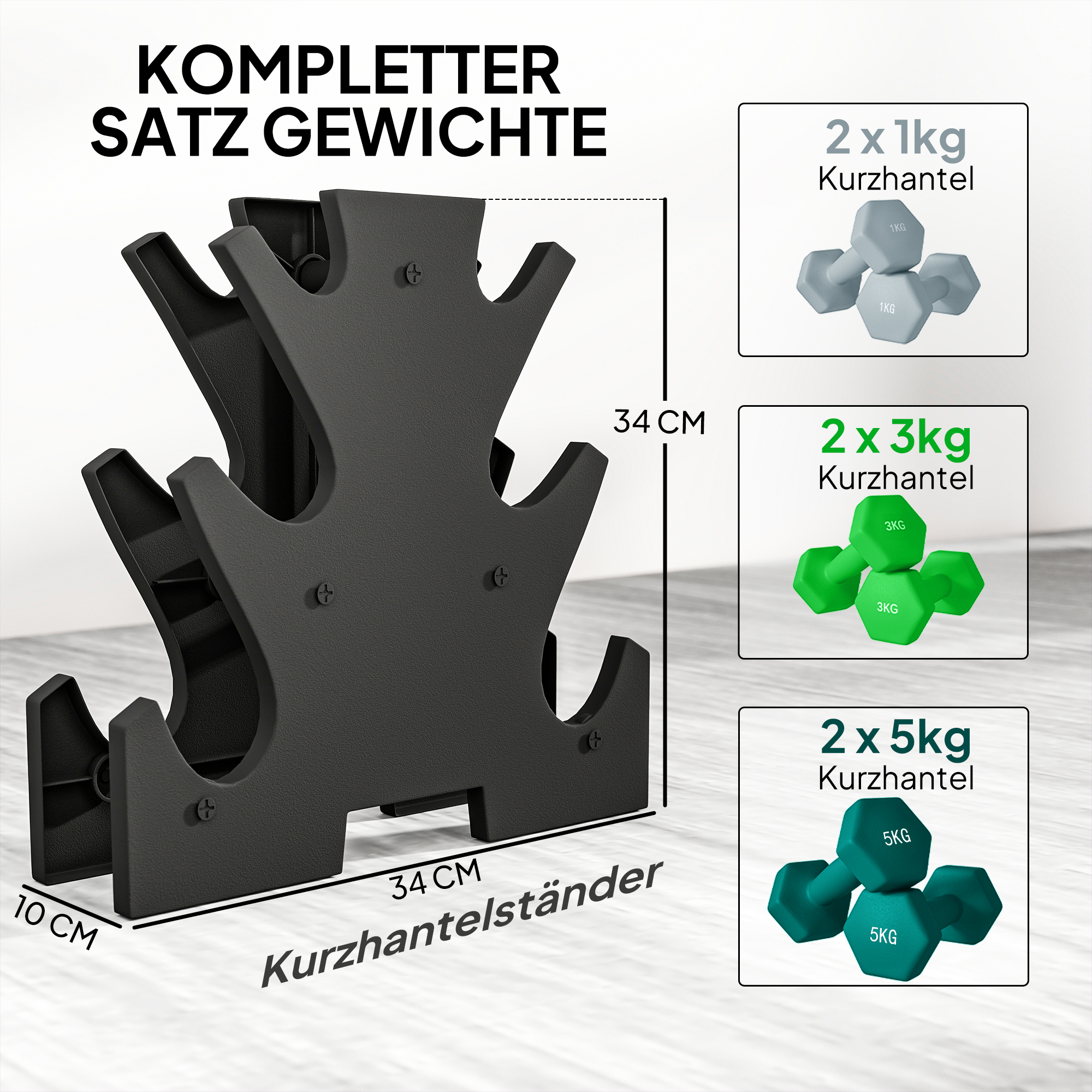 Hantelset mit Aufbewahrungsgestell, Set mit 6 Hanteln für Fitness-Training, 2 x 1kg, 2 x 3kg, 2 x 5kg
