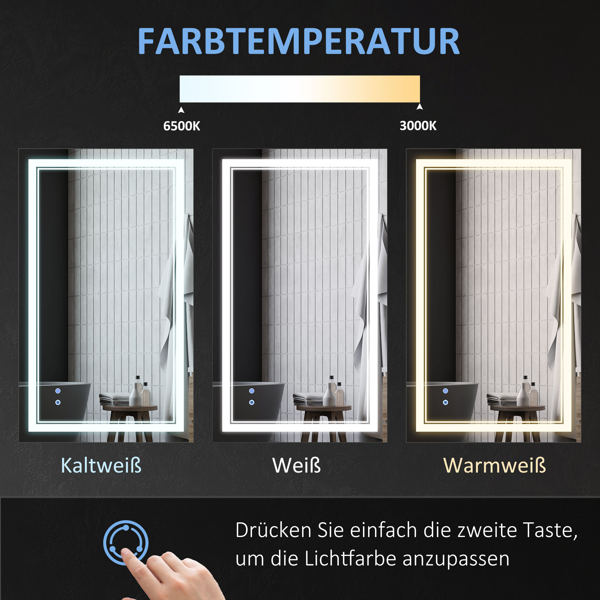 Badezimmerspiegel mit LED-Beleuchtung, Memoryfunktion, Berührungsschalter, Spritzwassergeschützt, Silber