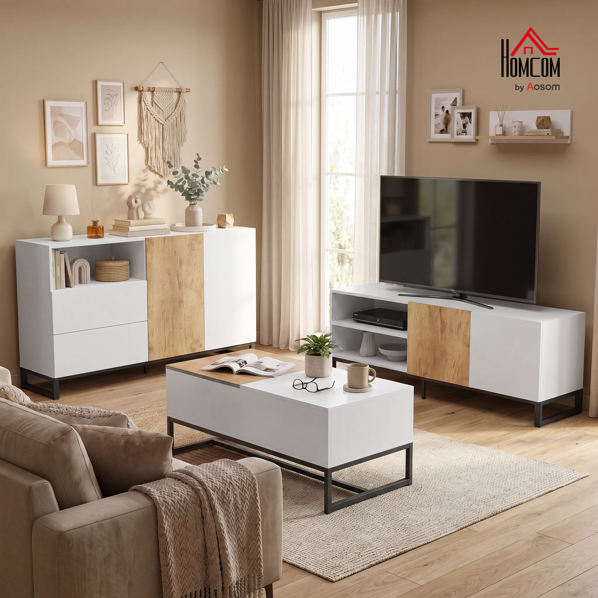 TV-Schrank für Fernseher bis 55 Zoll, modernes TV-Lowboard mit verstellbaren Einlegeböden, Weiß