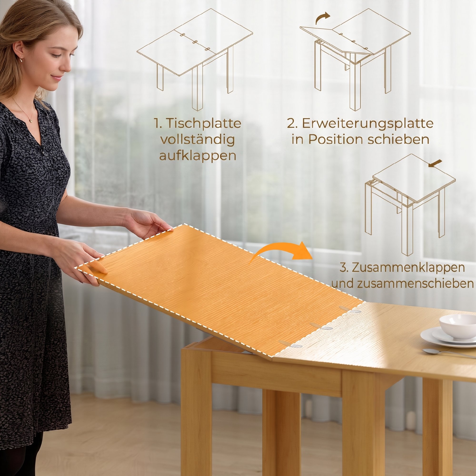 Esstisch Ausziehbar 70/140 x 80 cm Moderner Esszimmertisch für 4–6 Personen Platzsparend für Küche Esszimmer