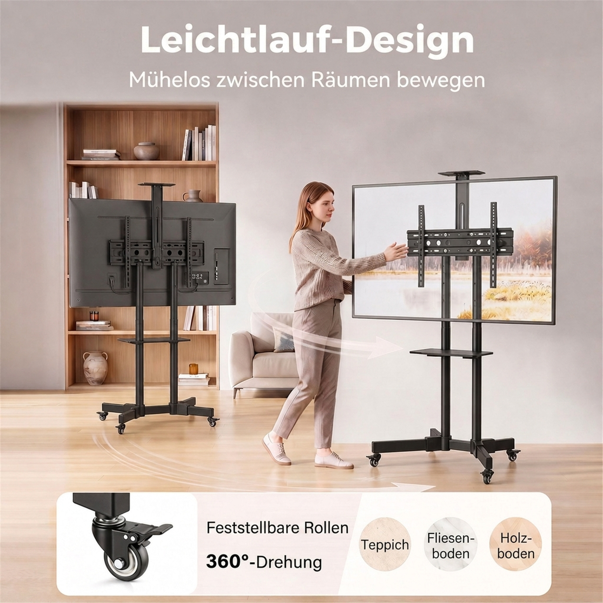 mobiler TV-Ständer auf Rollen für 32-75 Zoll, TV-Rollwagen neigbar, höhenverstellbar, mit Feststellrollen, Schwarz