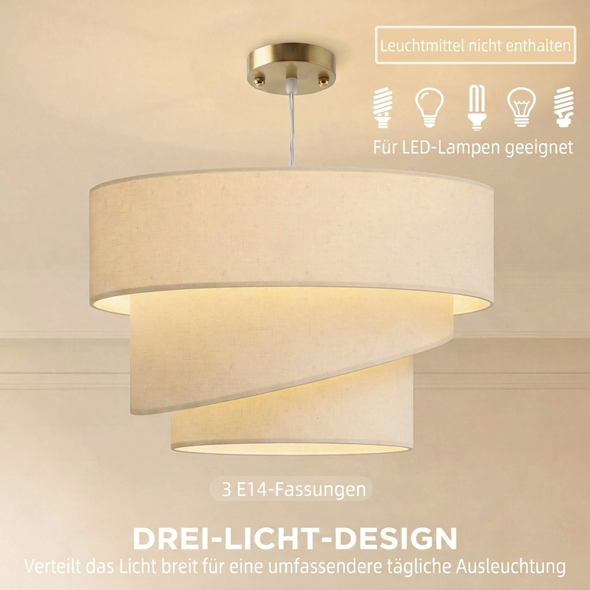 Pendelleuchte mit 3 Leinenschirmen, moderne Deckenlampe höhenverstellbar, Beige, Leuchtmittel nicht enthalten