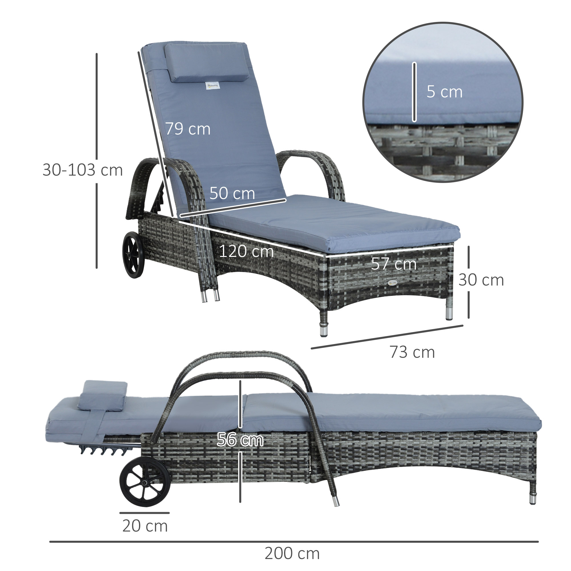 Sonnenliege Polyrattan Gartenliege mit 5-Fach verstellbarer Rücklehne, Polsterauflage, Rollen, Kissen, 160 kg belastbar Relaxliege Liegestuhl für Garten, 200x73x30-103cm, Grau