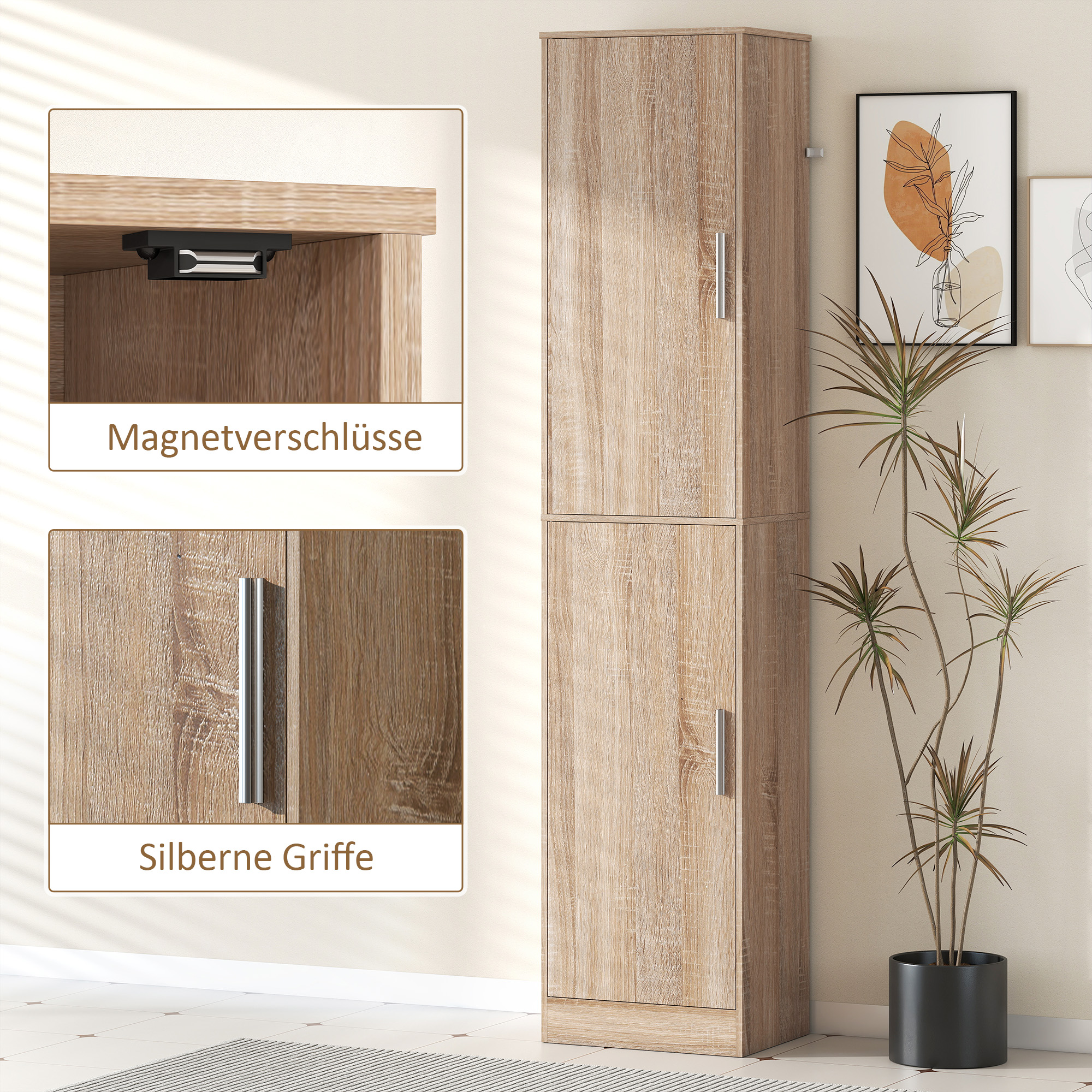 180 cm hoher Badezimmerschrank, schmaler Badschrank mit 2 Türen, 4 verstellbare Regale, Spanplatte, MDF, Naturholz