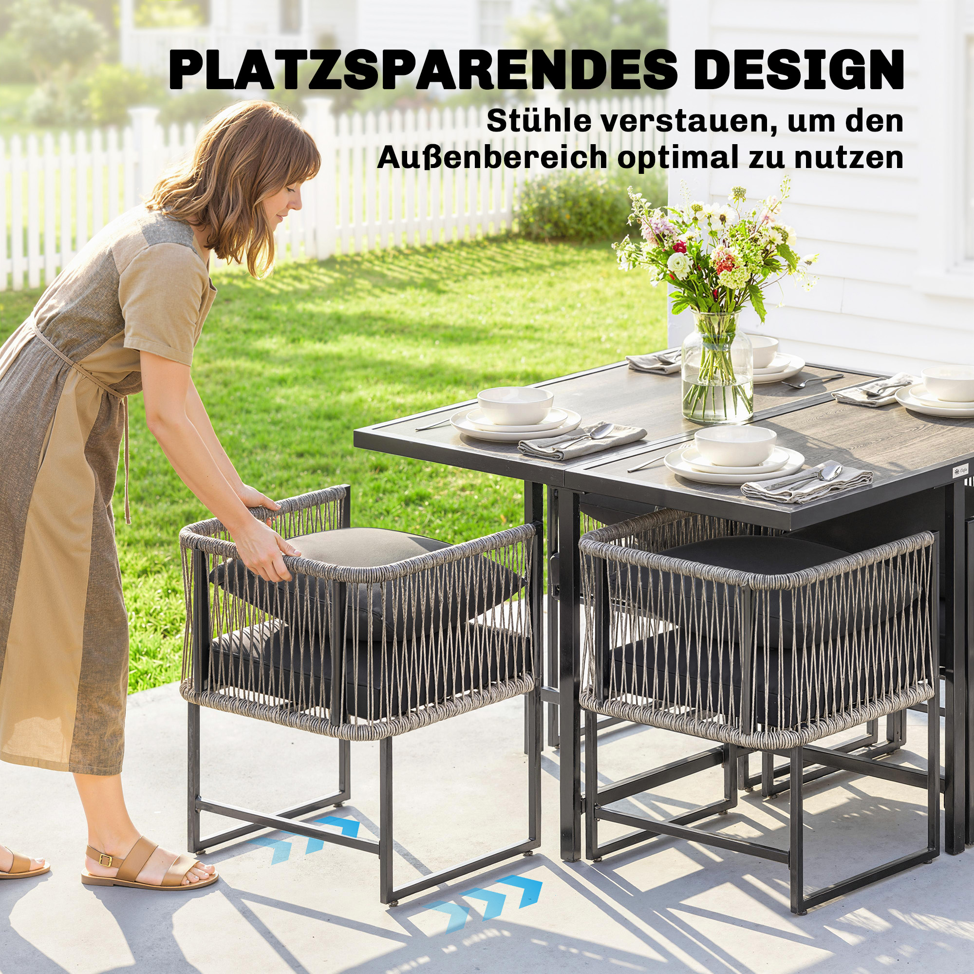 Polyrattan Gartenmöbel Set 5-teilig Platzsparend Sitzgruppe Tisch mit 4 Stühlen DPC-Tischplatte Kissen Grau