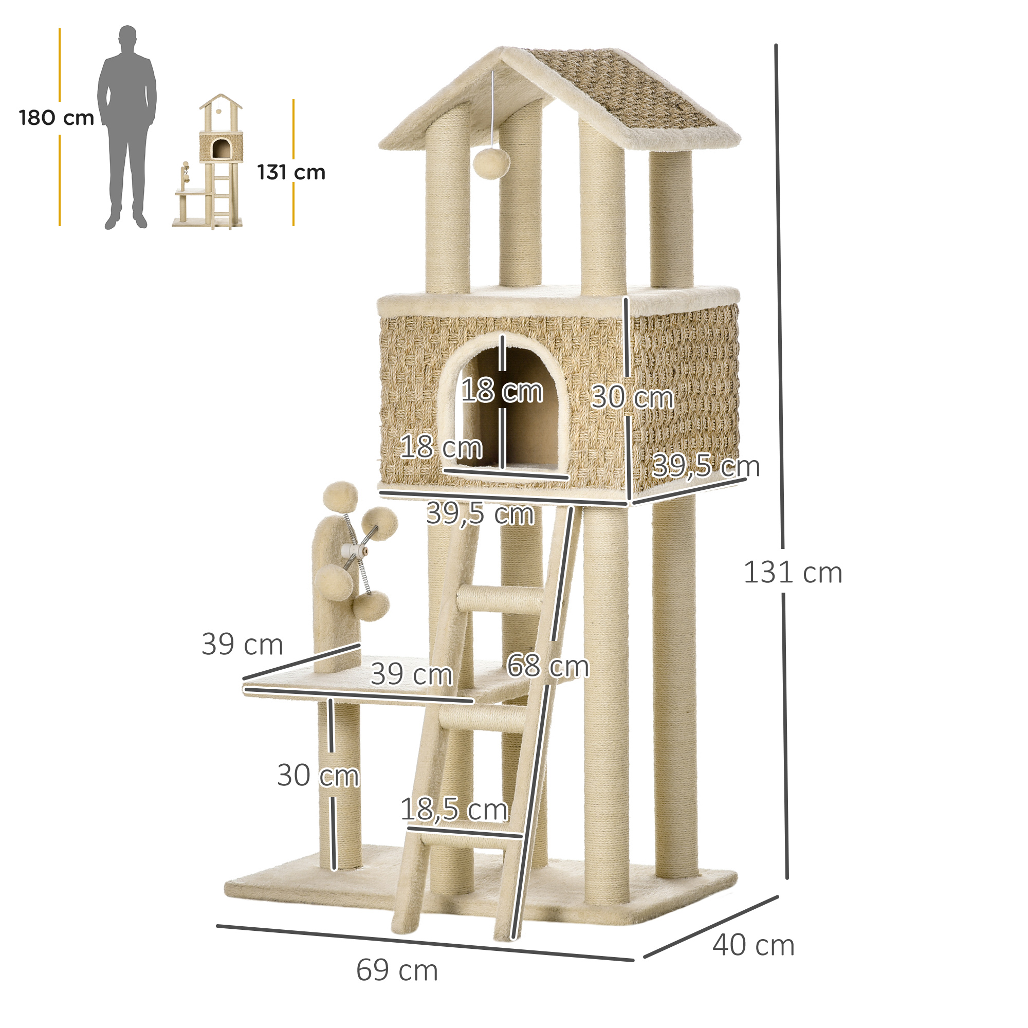 mit Katzenhöhle inkl. Spielzeug  Sisal Plüsch Khaki + Beige + Kaffee