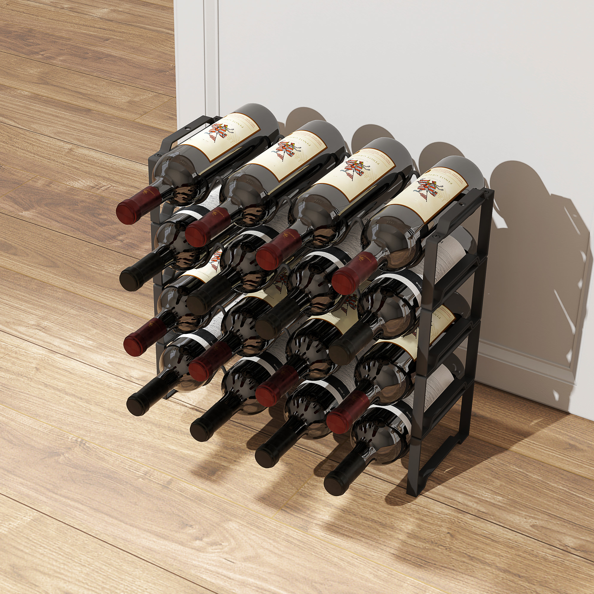 4-stufiges Weinregal, freistehendes Regal für 16 Weinflaschen, Metall, Schwarz
