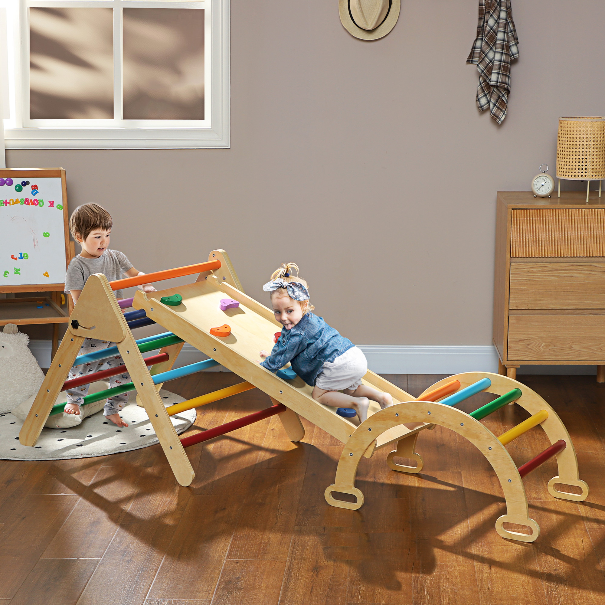 5-in-1-Kinder-Klettergerüst mit Rampe, Brücke, Dreiecks-Leiter, 18-48 Monate, Bunt,