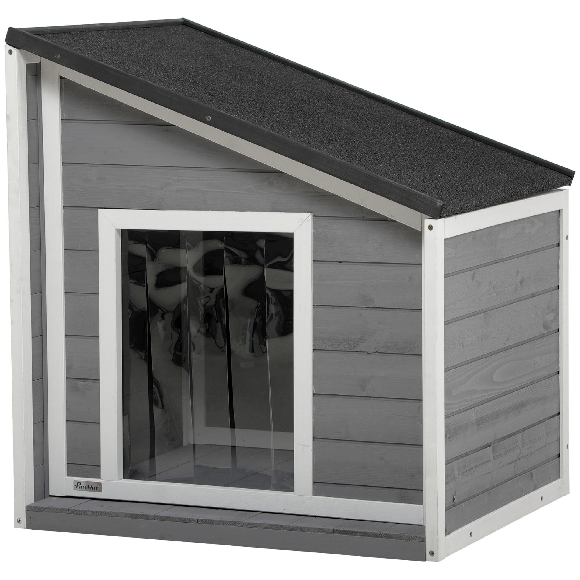 Hundehütte aus Massivholz, wetterbeständig, Asphaltdach, 71 cm x 58 cm x 77 cm, Grau + Weiß Hundehütte aus Massivholz, wetterbeständig, Asphaltdach, 71 cm x 58 cm x 77 cm, Grau + Weiß