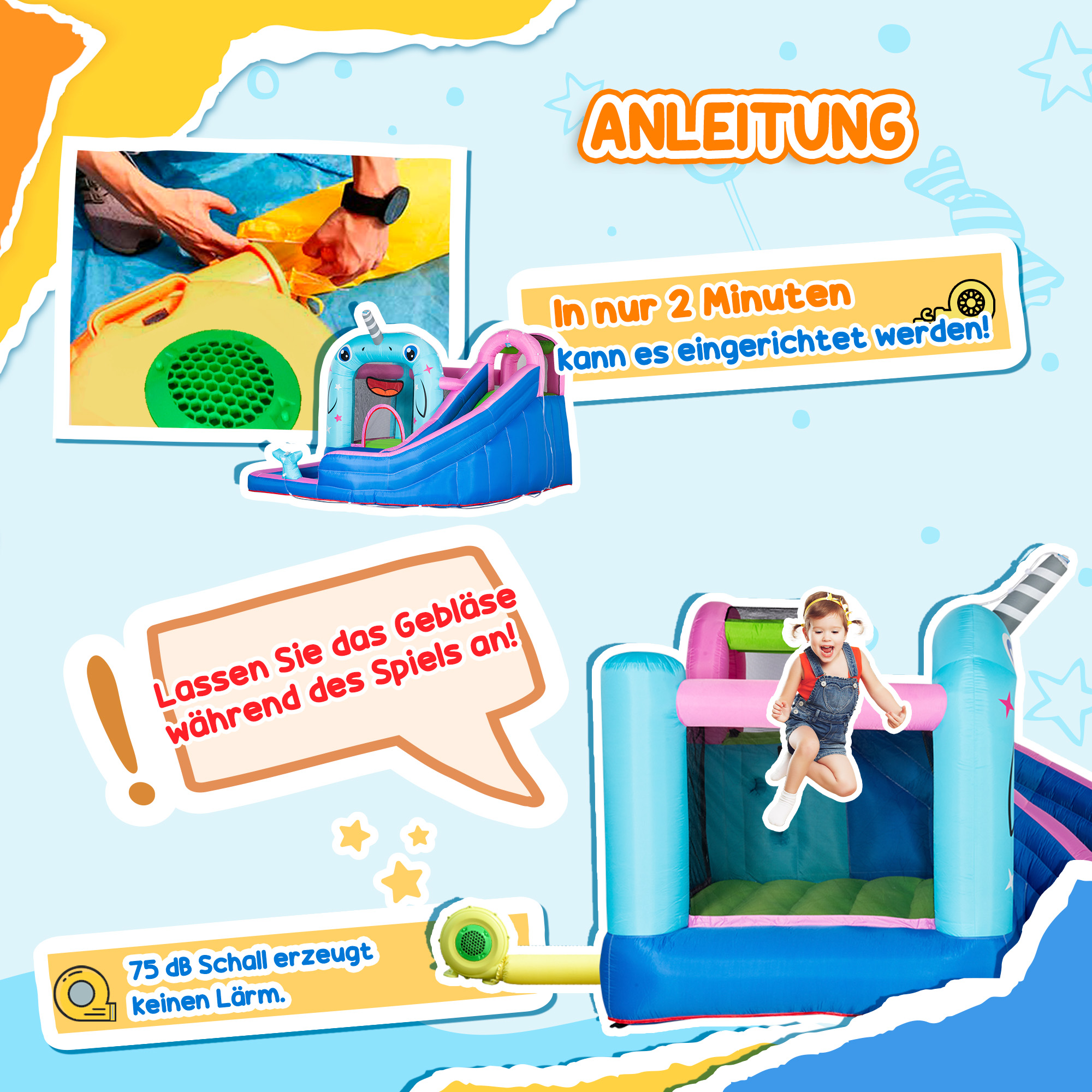 Aufblasbare Hüpfburg mit Rutsche, Hüpfecke, Wasserbecken, Wasserdüsen, 330 x 280 x 200 cm