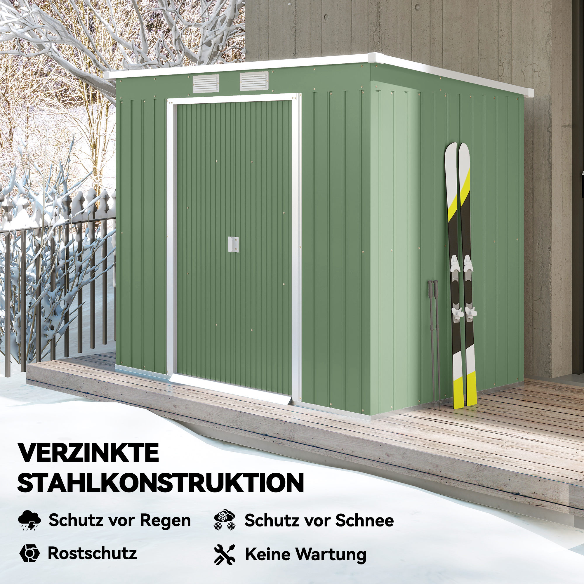 Geräteschuppen, mit Lüftungsfenstern, Schiebetüren, verzinkter Stahl, 213 x 130 x 159 cm, Grün