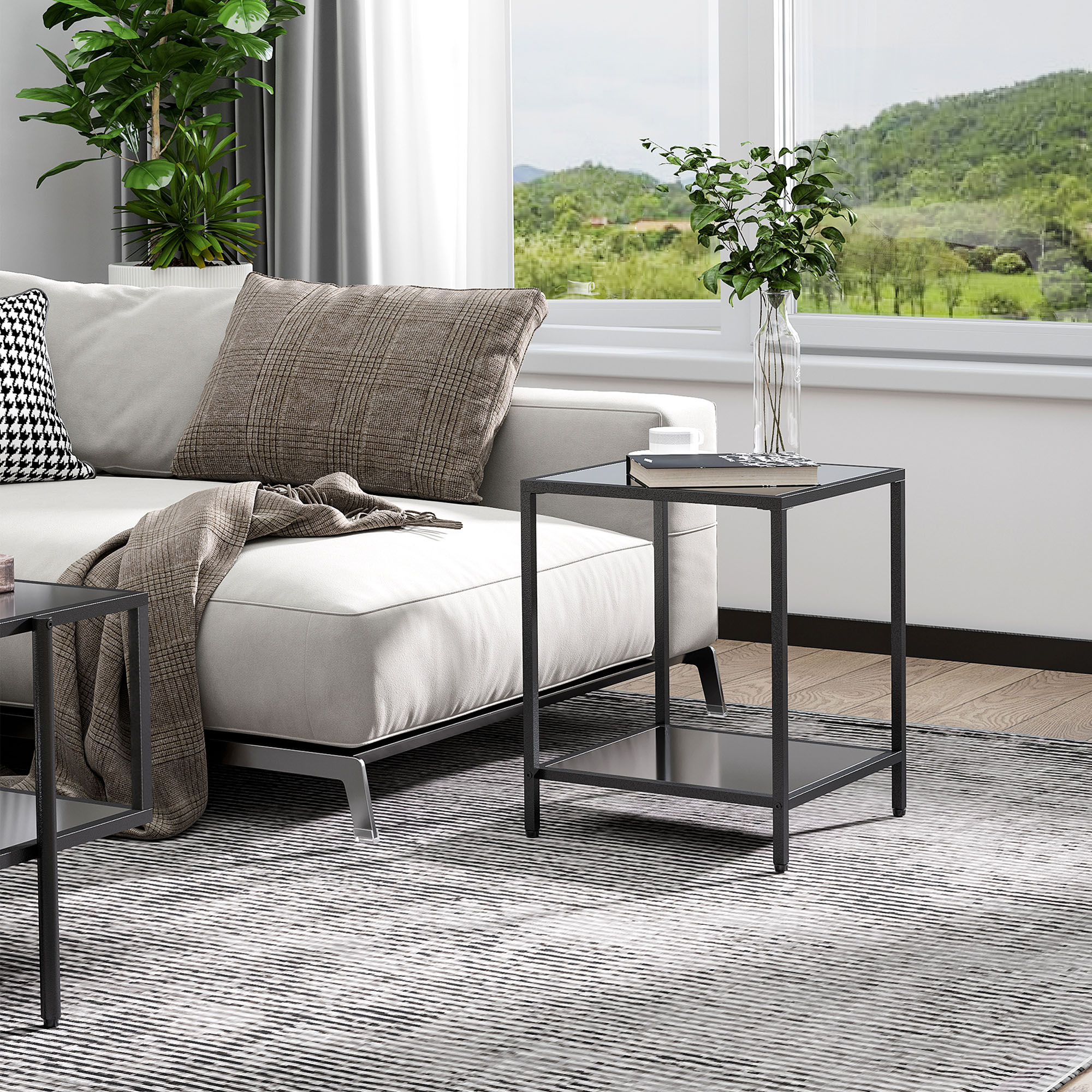 Beistelltisch mit gehärteten Glasplatten, 2 Ebenen, klassisches Design mit Metallstruktur, Schwarz