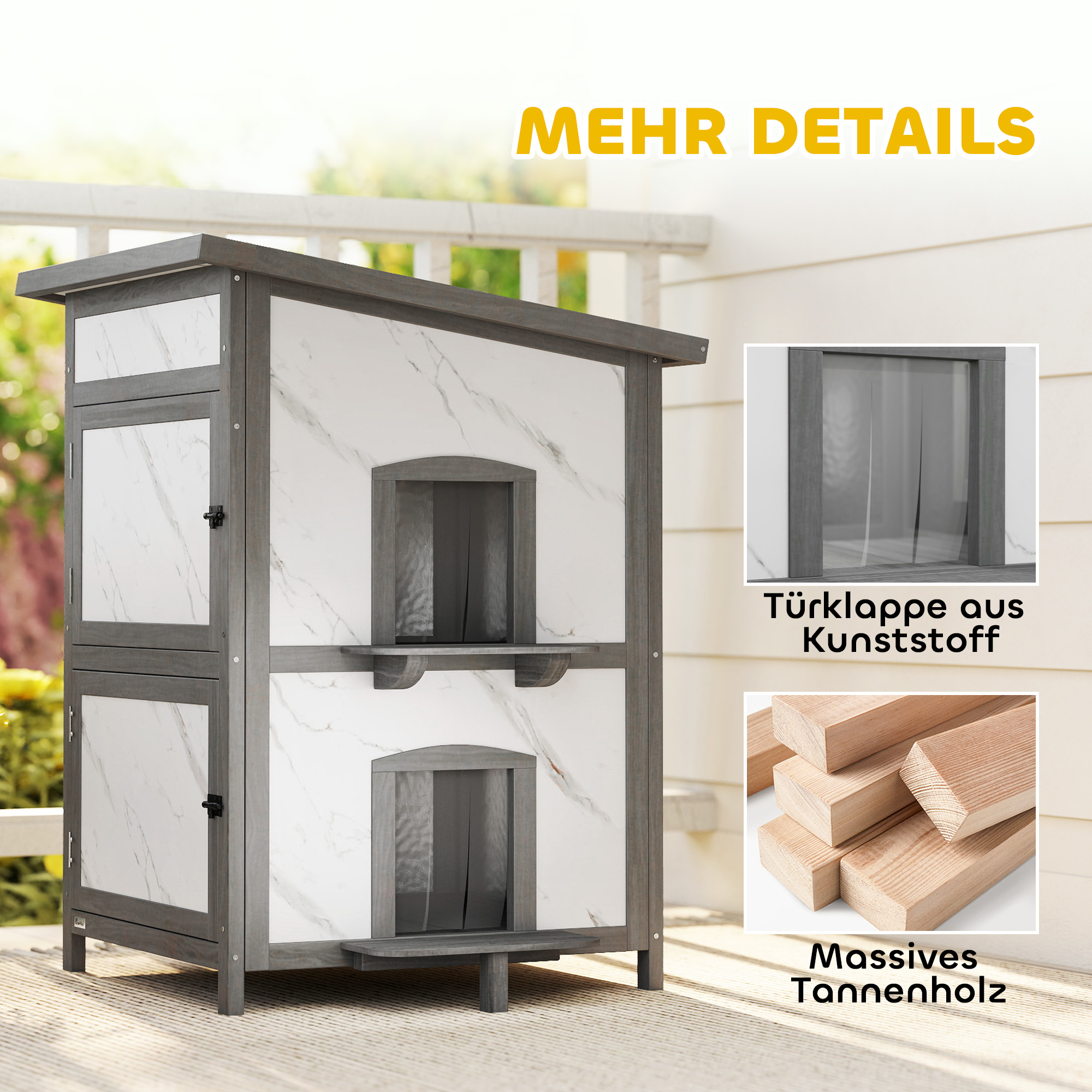 Outdoor-Katzenhaus, Holzhaus für Katzen, mehrere Eingänge, Fenster, Wasserfest, 60 x 60 x 88 cm, Weiß