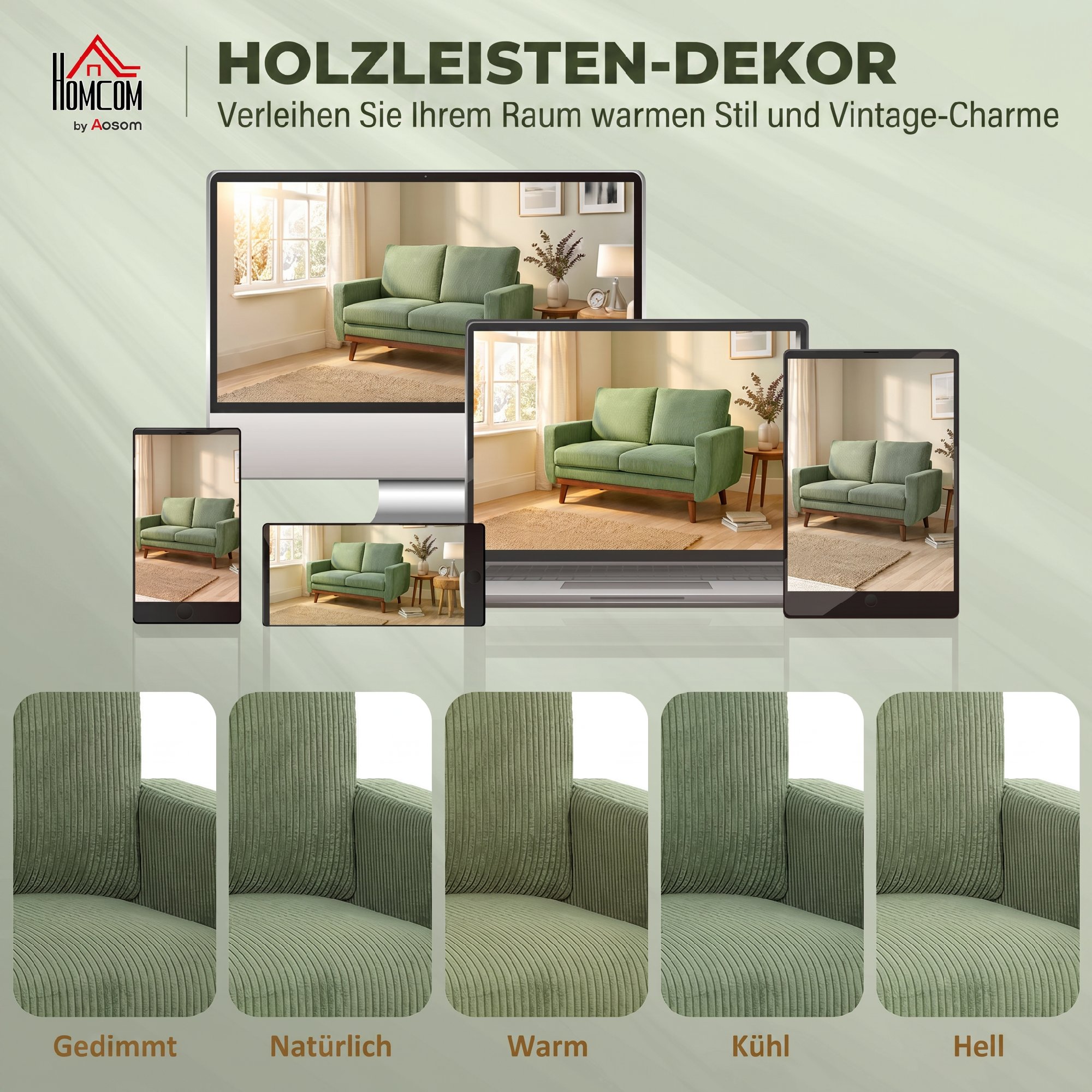 2-Sitzer-Sofa, 134 cm Cord-Sofa mit Taschenfedern, dicker Rückenlehne, Holzlatten-Akzent, Grün