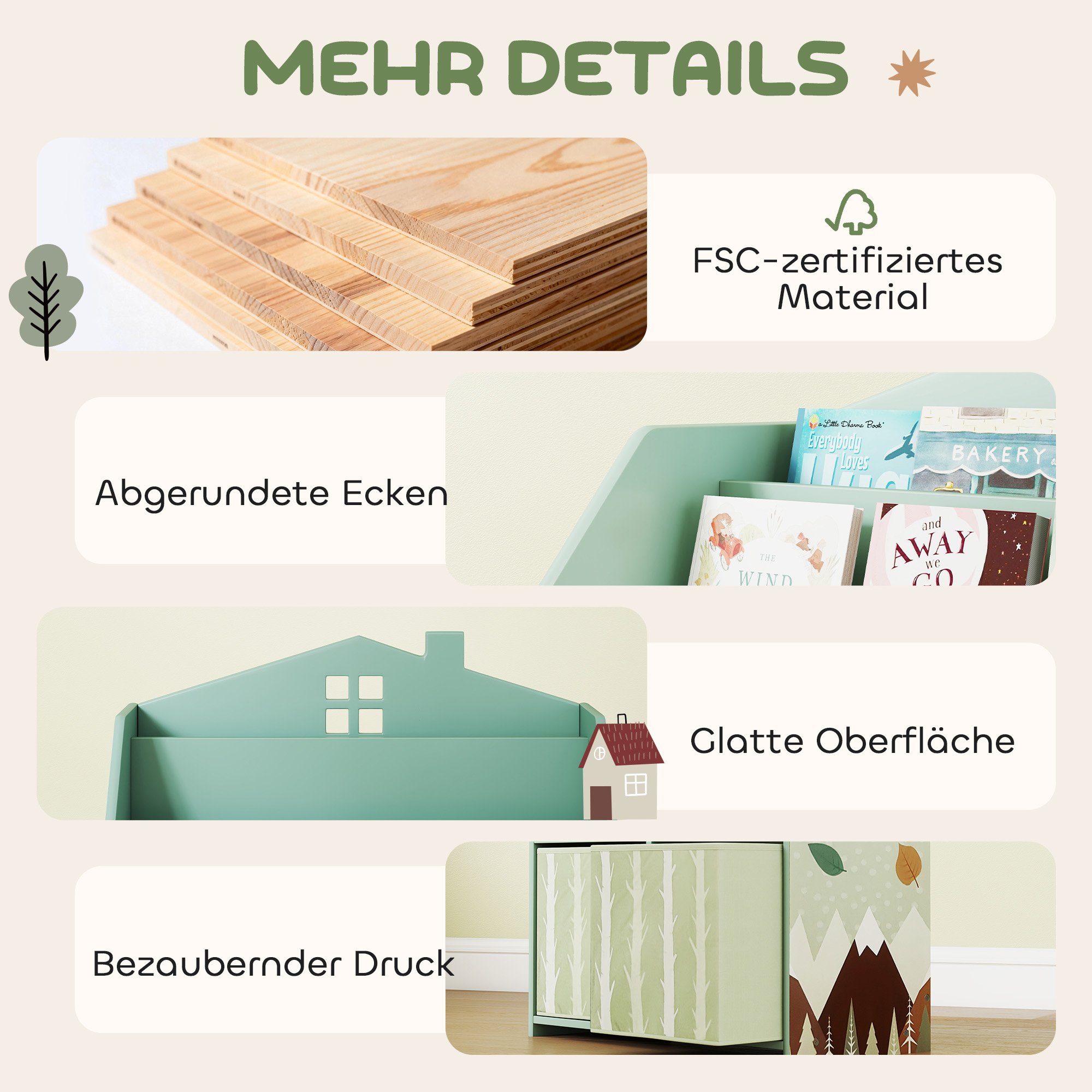 Kinderregal Bücherregal Kinder mit 2 Stoffschubladen offen Regal für 3-8 Jahre 62,5x30x91,5 cm Grün