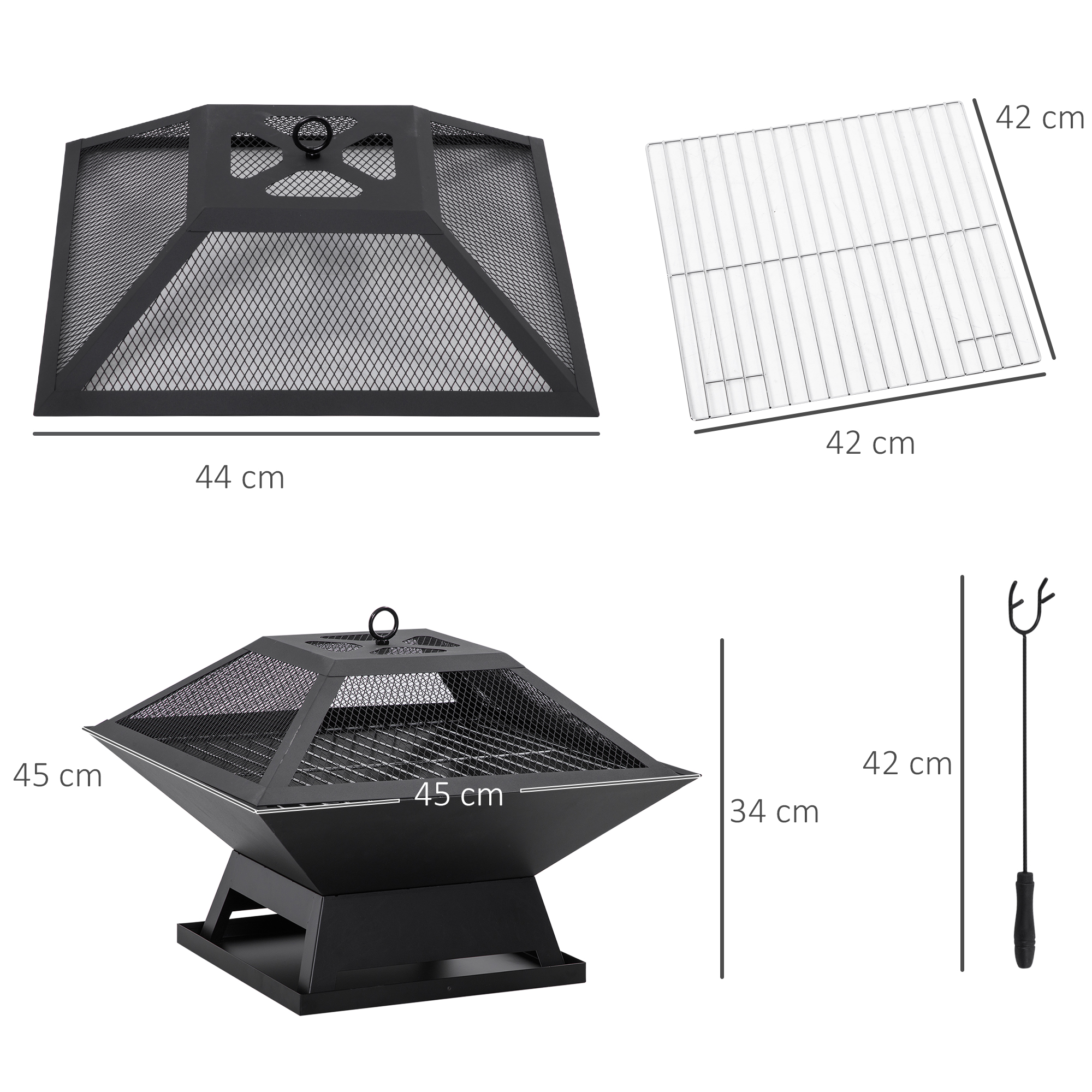 Feuerschale 45 x 45 x 34cm aus Edelstahl Feuerstelle mit Funkenschutz Schürhaken Feuerschalen Feuerkorb für Garten, Balkon, BBQ Camping Schwarz