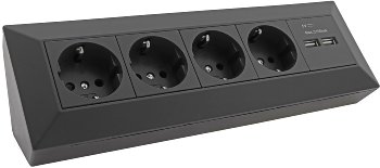 4-fach Steckdosenblock + 2x USB, schwarz, 250V~/ 16A, Aufbaumontage, USB 3,1A 4-fach Steckdosenblock + 2x USB, schwarz, 250V~/ 16A, Aufbaumontage, USB 3,1A