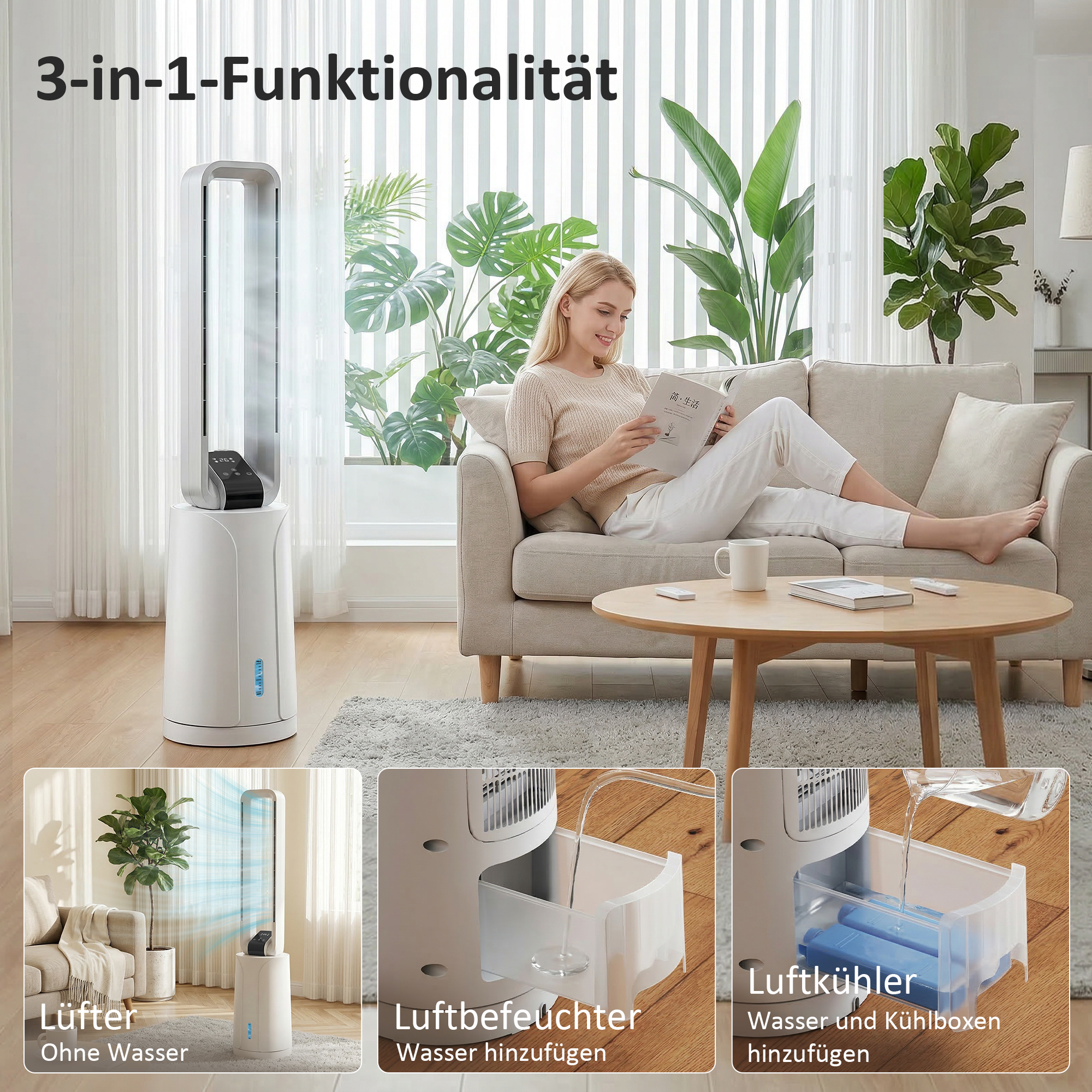 Verdunstungsluftkühler mit Fernbedienung, 15-Stunden-Timer, Kühlakku für Zuhause und Büro, Weiß