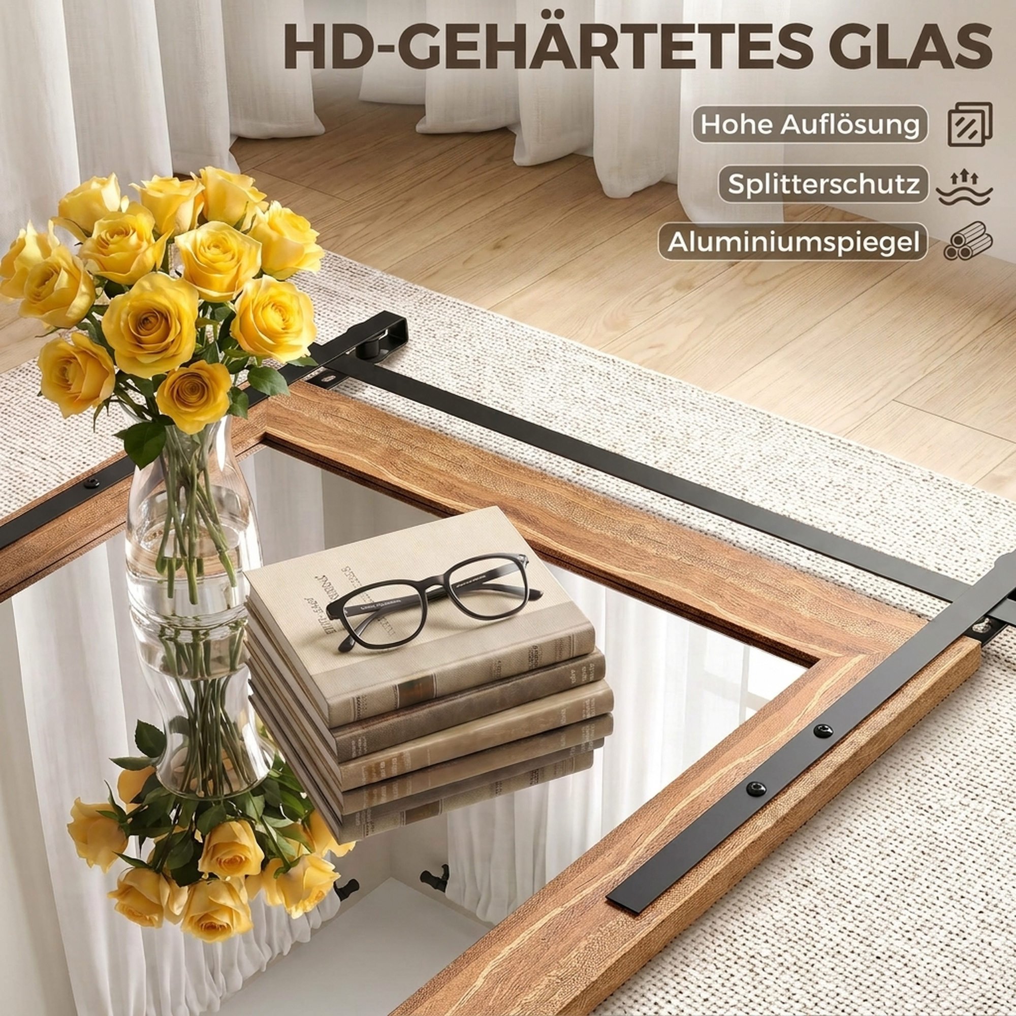 rechteckiger Wandspiegel dekorativ für Wohnzimmer Hängespiegel 86,5 x 61 cm Hellbraun