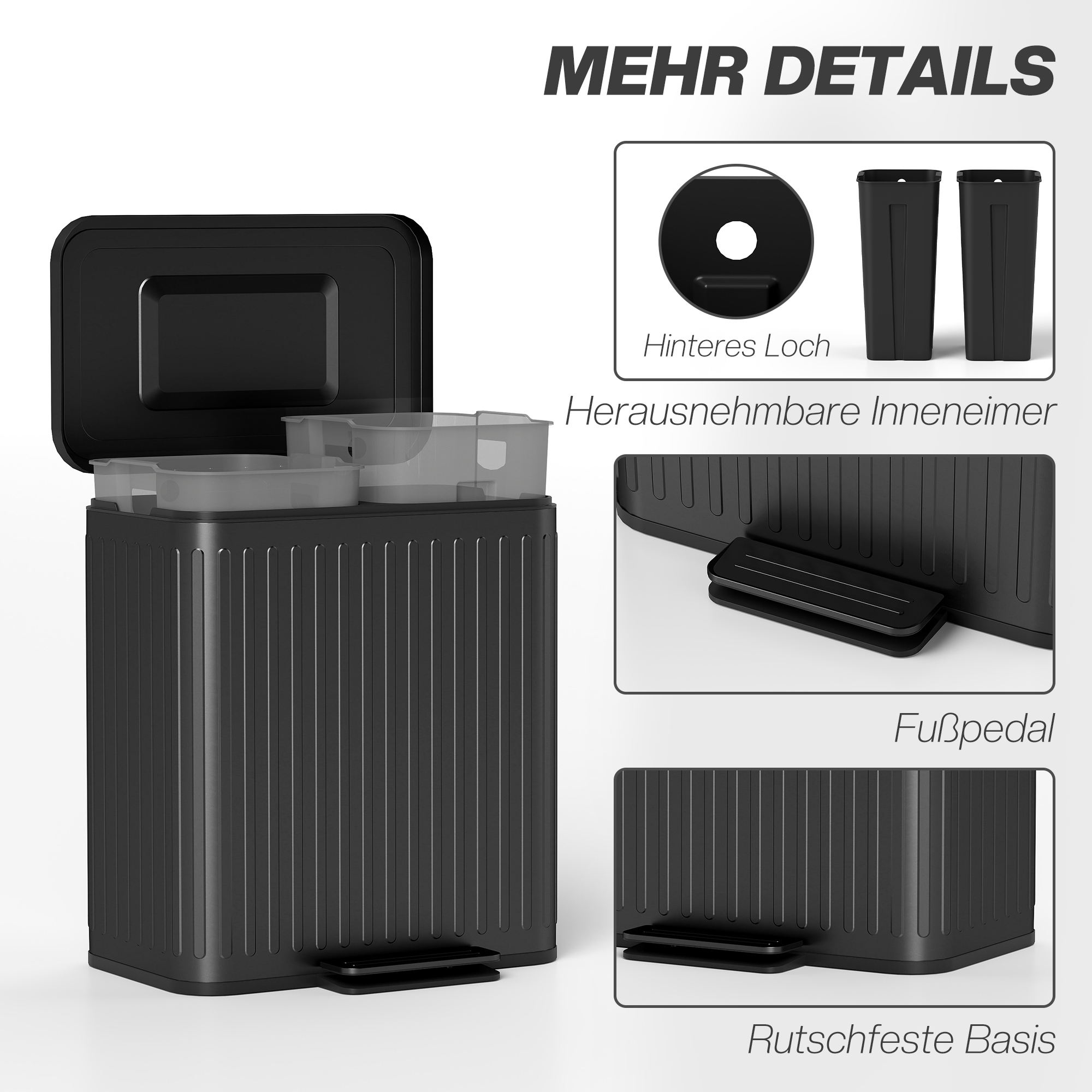 Küchenmülleimer, 2x 20l-Fächer, effiziente Mülltrennung, Fußpedal, Kunststoff, Metall, Schwarz