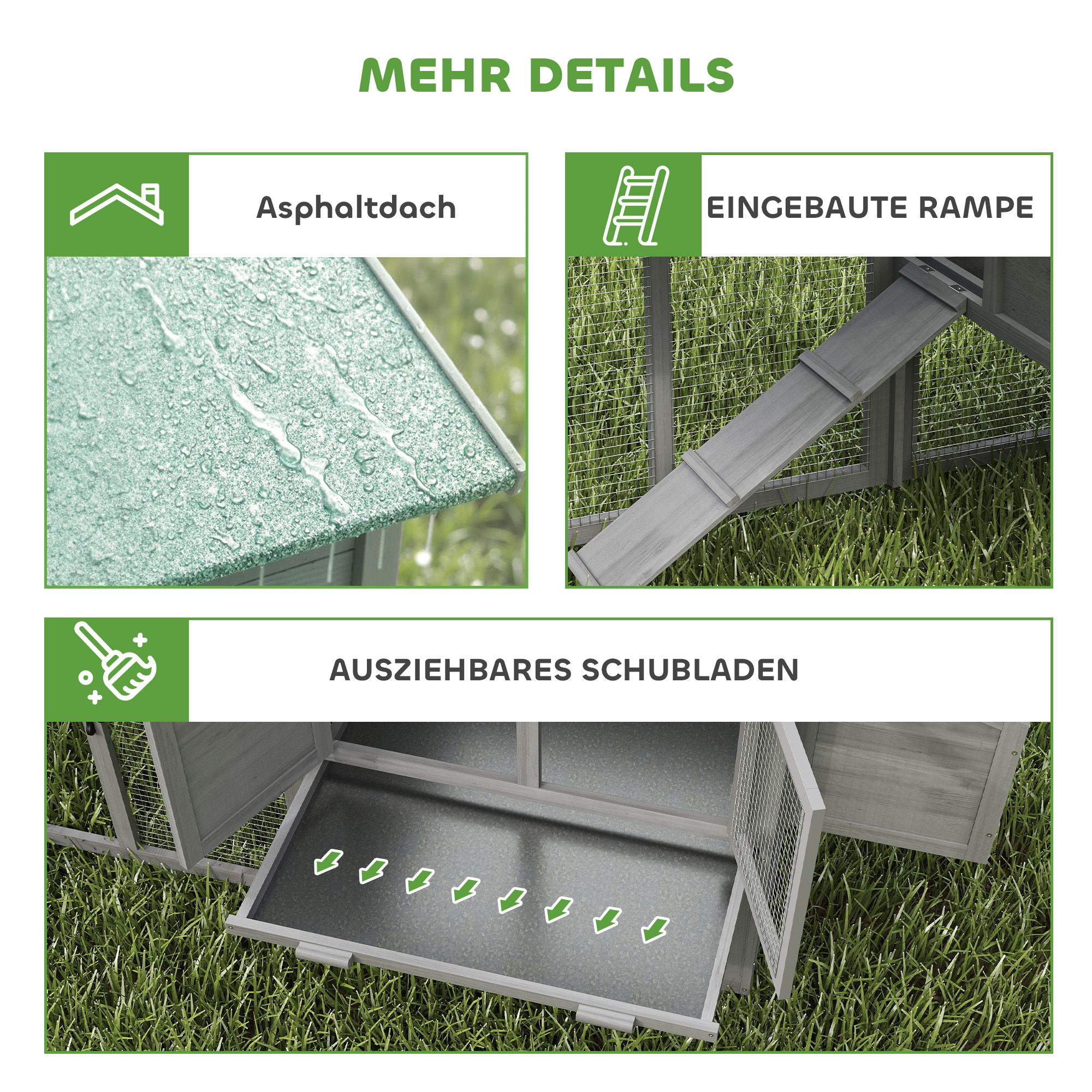 Hühnerstall Holz Hühnerhaus mit Freilaufgehege Nistkasten Rampe herausziehbarem Tablett für 2-4 Hühner 168x75x103cm Grau