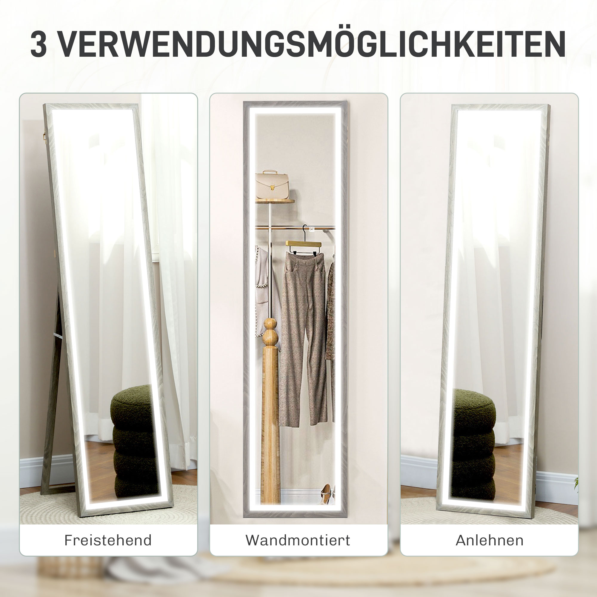 LED Ganzkörperspiegel, 40 x 160 cm, Touch-Steuerung, dimmbar, 3 Farben,  Grau