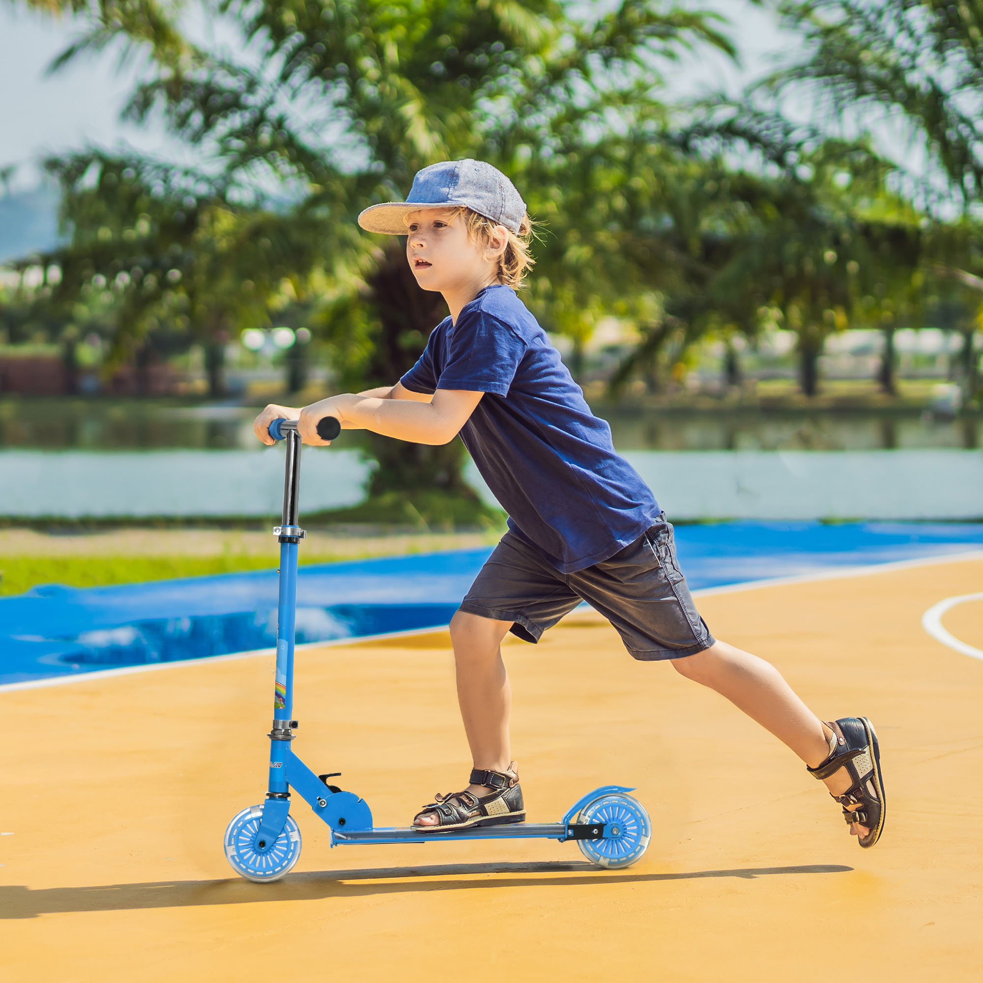 Roller Kinder Scooter mit LED Rädern 124 mm Rollen klappbarer Höhenverstellbar mit Musik Hinterradbremse Blau