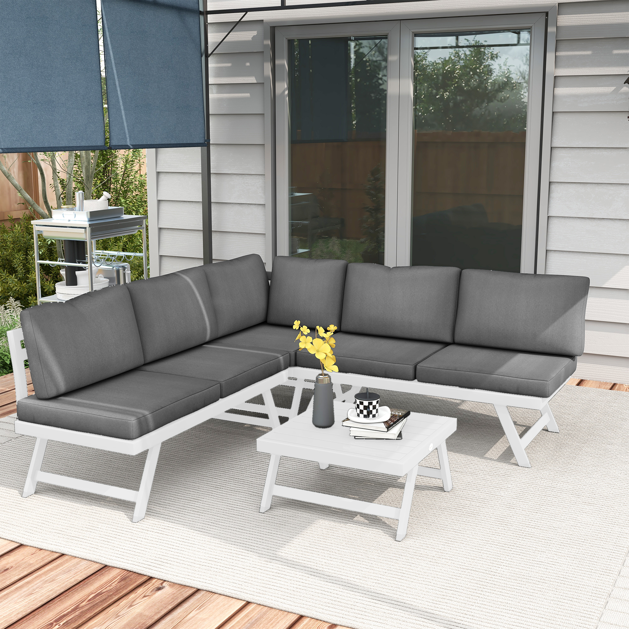 4-teilige Gartensitzgruppe Loungemöbel-Set 4-teilig, 115 cm x 61 cm x 65 cm, Grau + Weiß