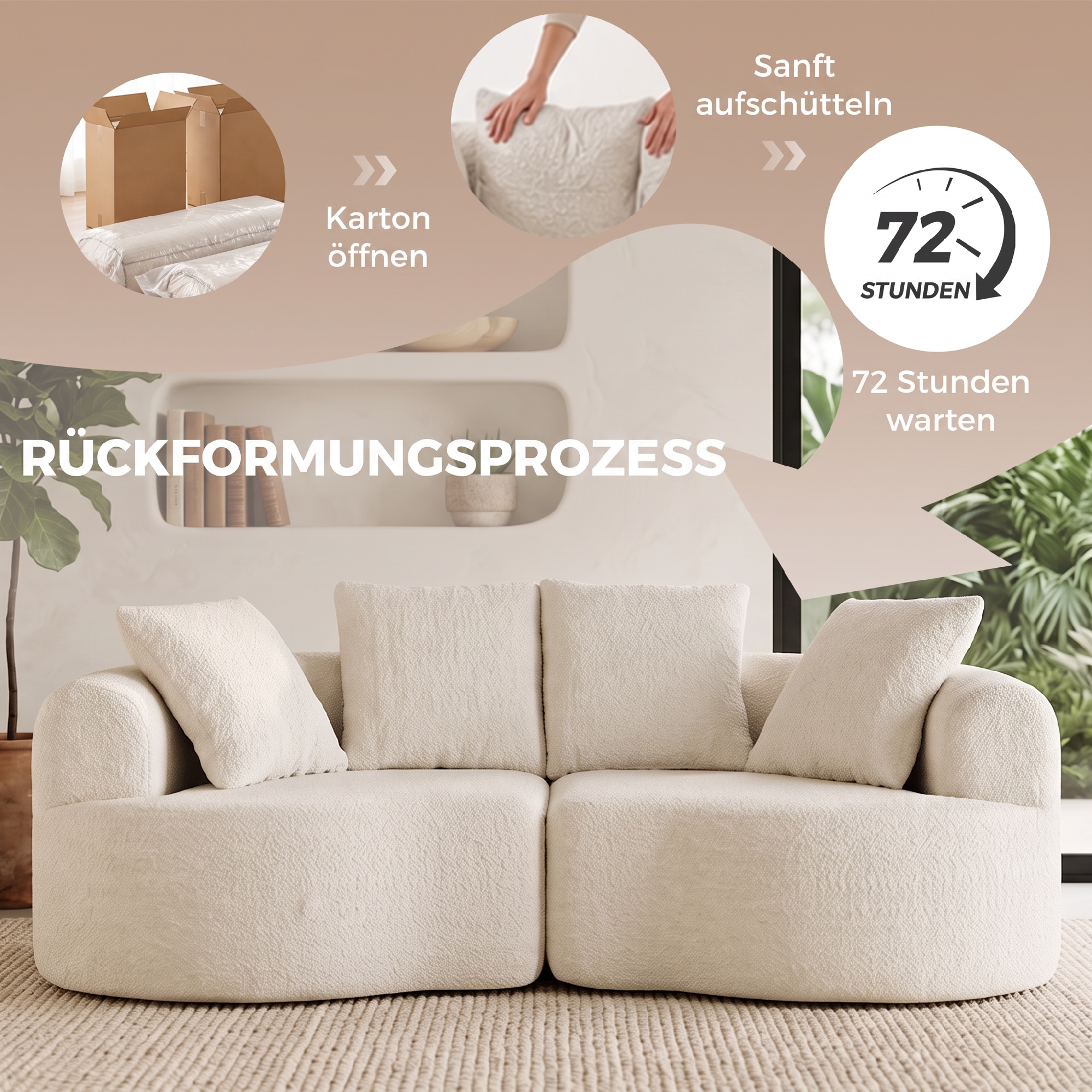 Sofa 3 Sitzer 207 cm Cloud Sofa mit Chenille-Optik, 4 Wurfkissen für Schlafzimmer, Werkzeugfreie Montage, Cremeweiß