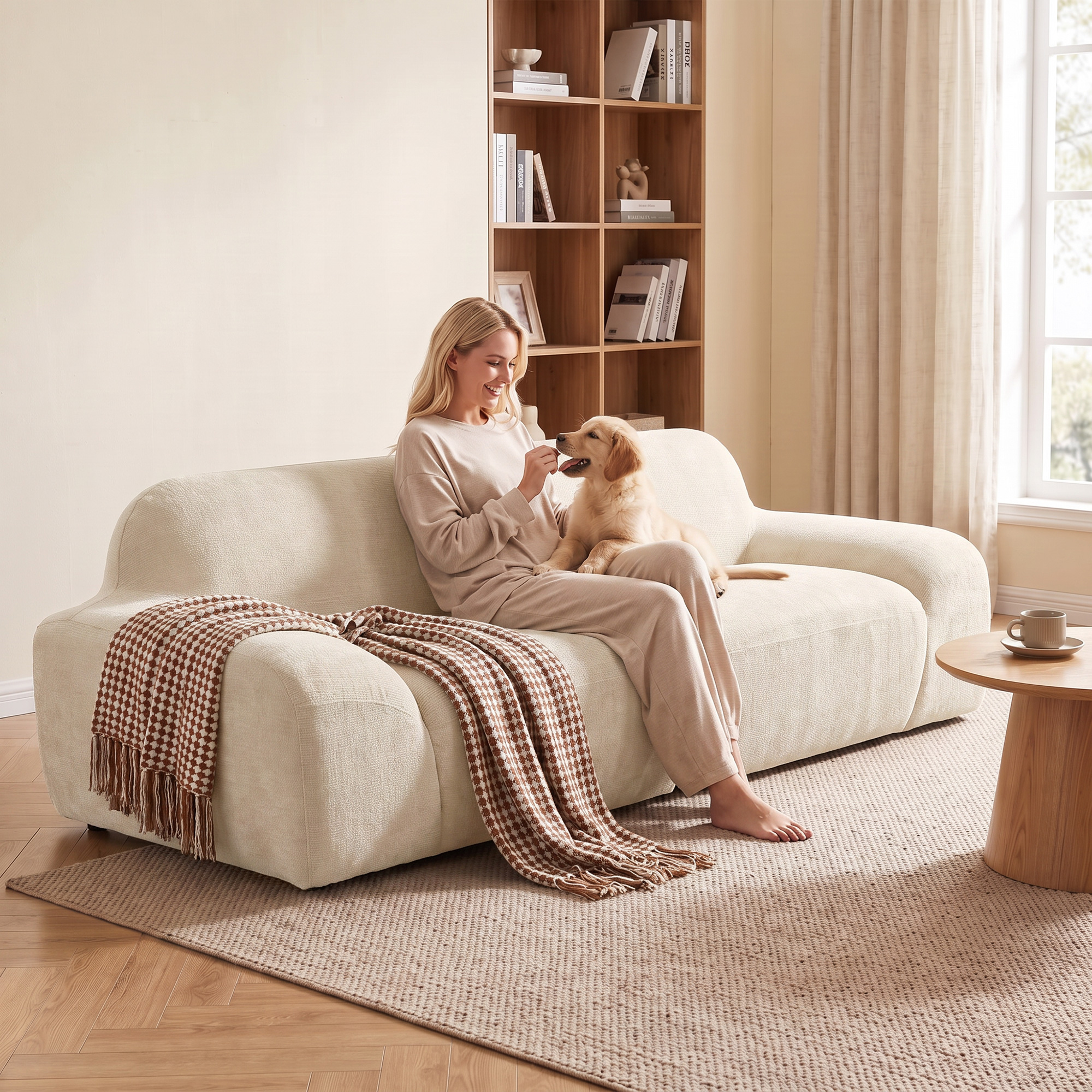 3-Sitzer-Sofa, abgerundet und rahmenlos, mit großzügiger Sitzfläche, dick gepolstert, keine Montage, cremeweiß
