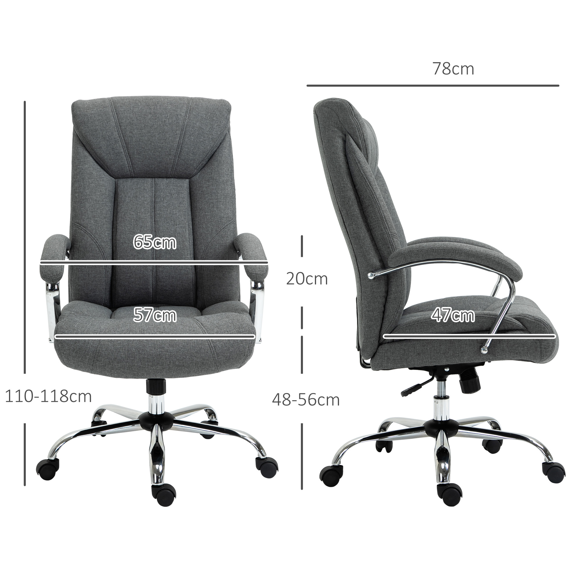 Bürostuhl mit Wippfunktion ergonomischer Stuhl mit gepolsterte Armlehne Kopfstütze höhenverstellbarer Schreibtischstuhl Drehstuhl mit Rückenlehne Nylon Grau 65 x 78 x 110-118 cm