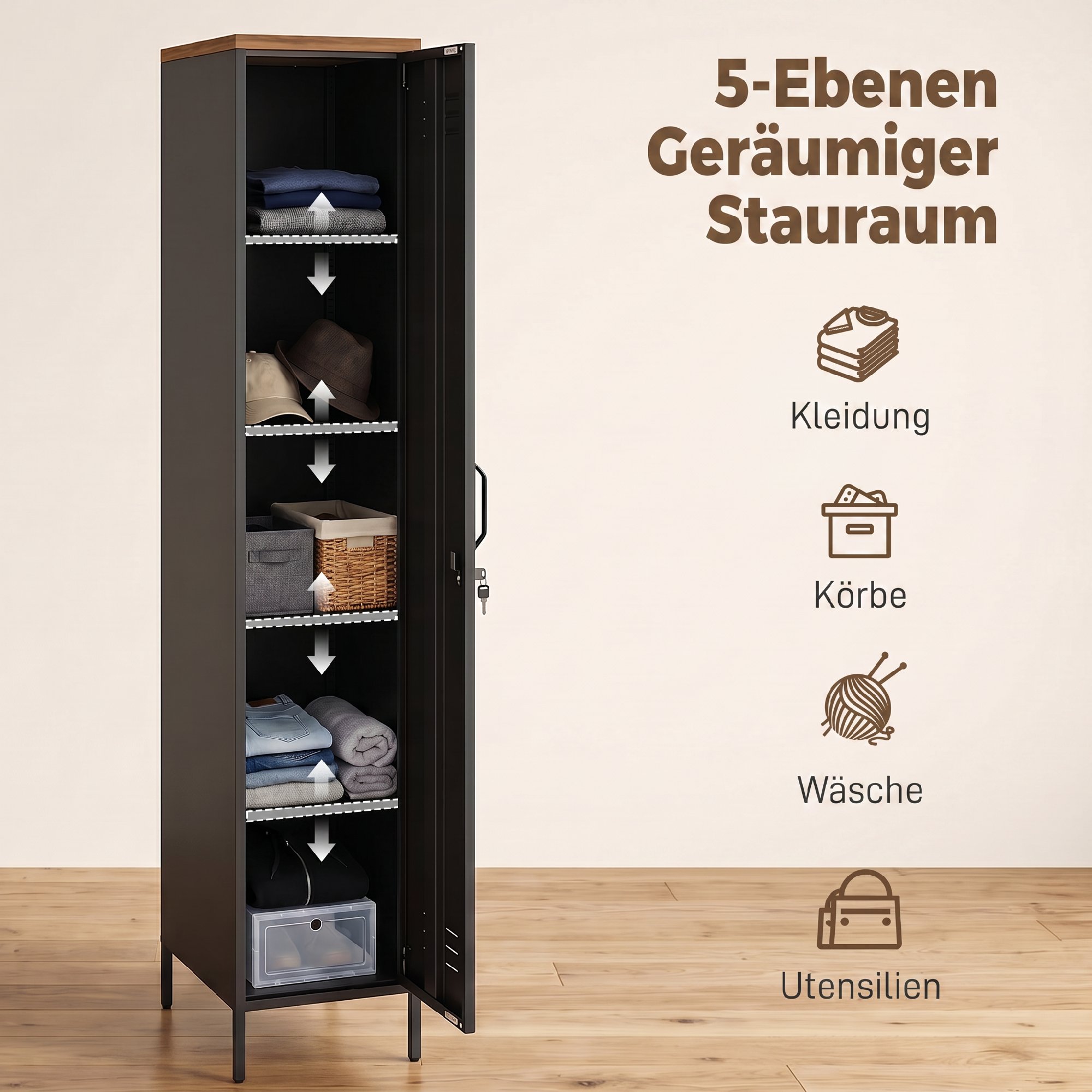 Metallschrank, Industrieller Kleiderschrank mit verstellbaren Böden für Schlafzimmer, Garage und Büro, Schwarz