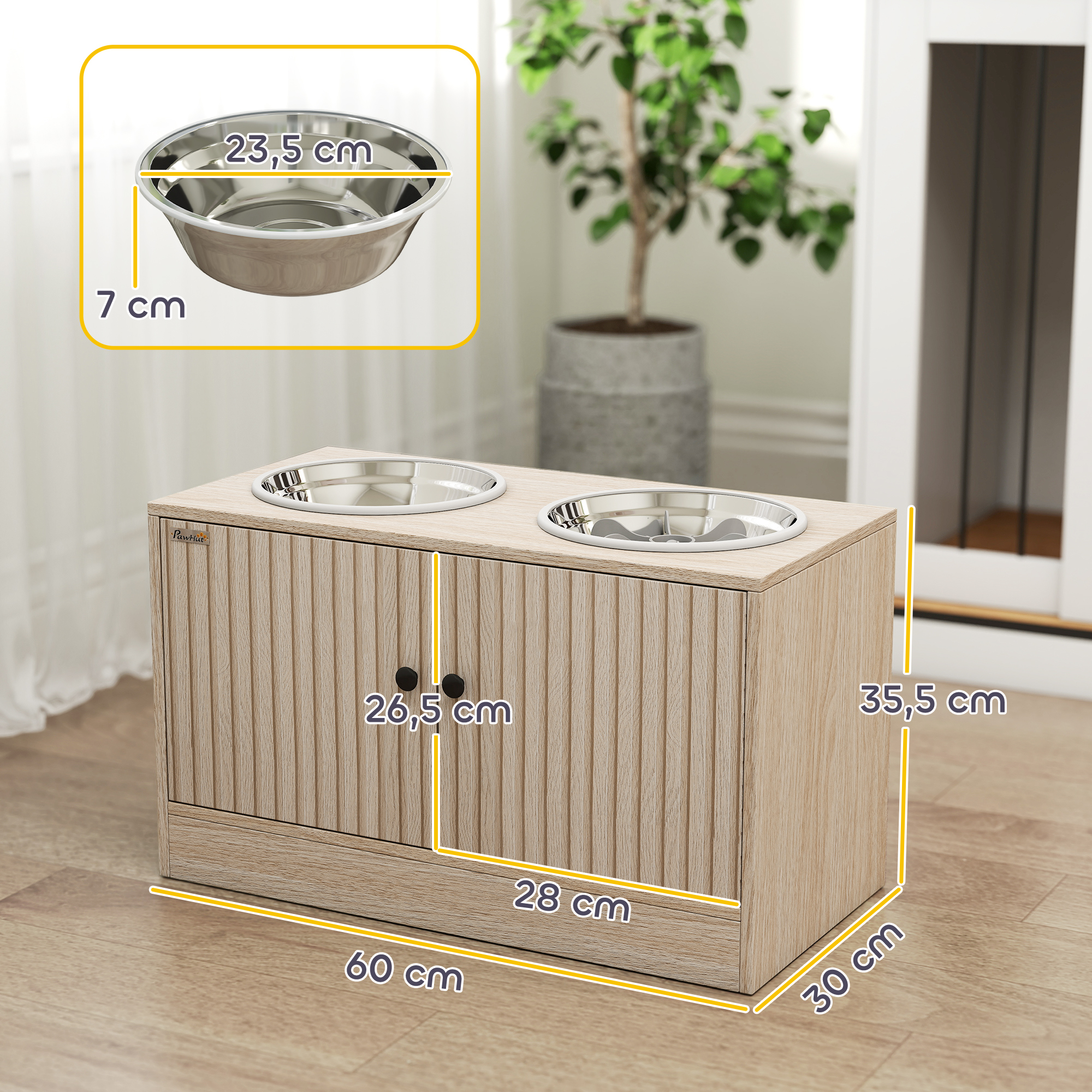 Hundefutterstation mit 2 Edelstahl-Näpfen, Schrank für Utensilien, für große Hunde, Zubehör, Holz