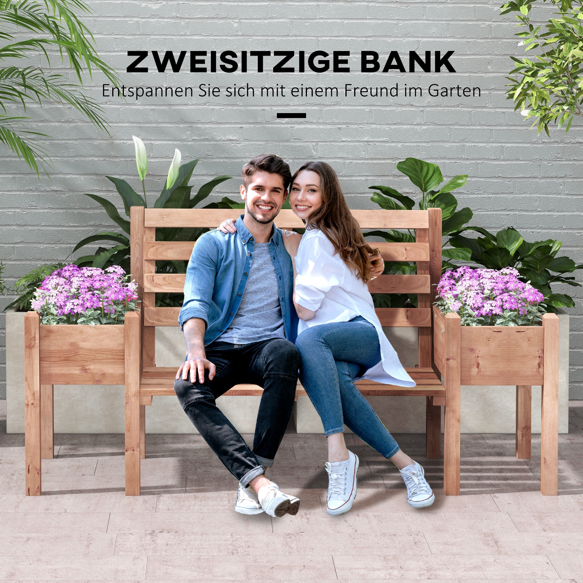 Gartenbank Sitzbank, inkl. Pflanzkästen, Holz, 184 cm x 59 cm x 95 cm, Braun