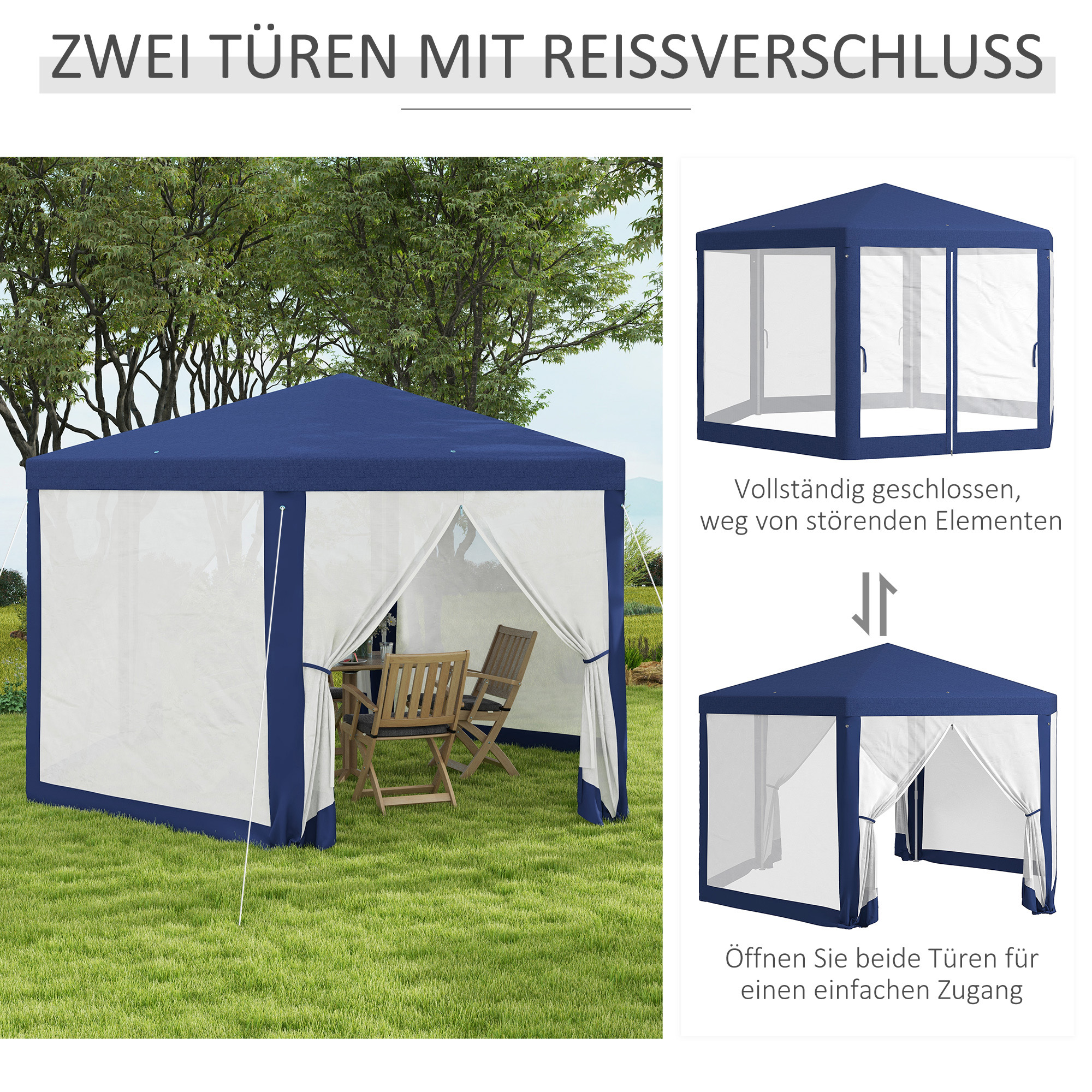 Gartenpavillon, 6-eckig, Netzvorhänge, Metallgestell, 3,94x3,412x2,5m, Blau