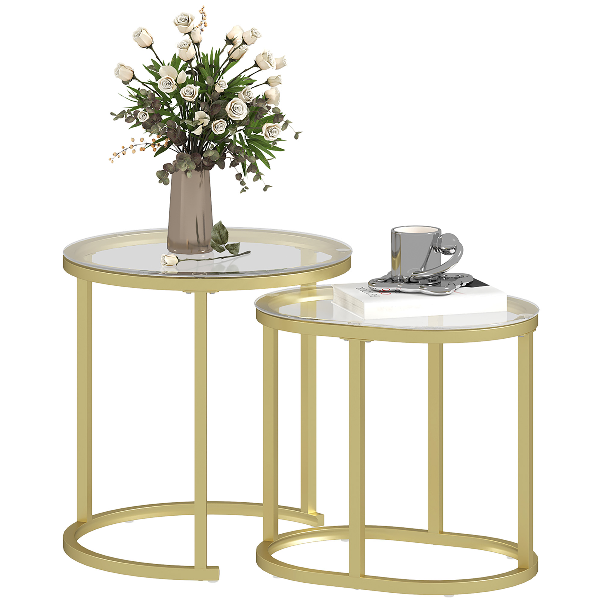 2er-Set Couchtisch, Ovaler und runder Kaffeetisch, stapelbar, Stahl, Ø50 x 50,5H cm, Gold