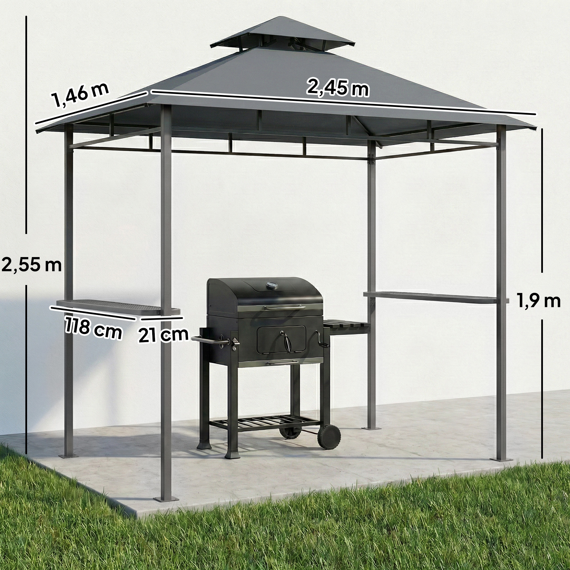 Grillpavillon 2,4 x 1,4 m, Windfest Grillüberdachung mit Doppeldach Lüftungsöffnung Seitenregalen