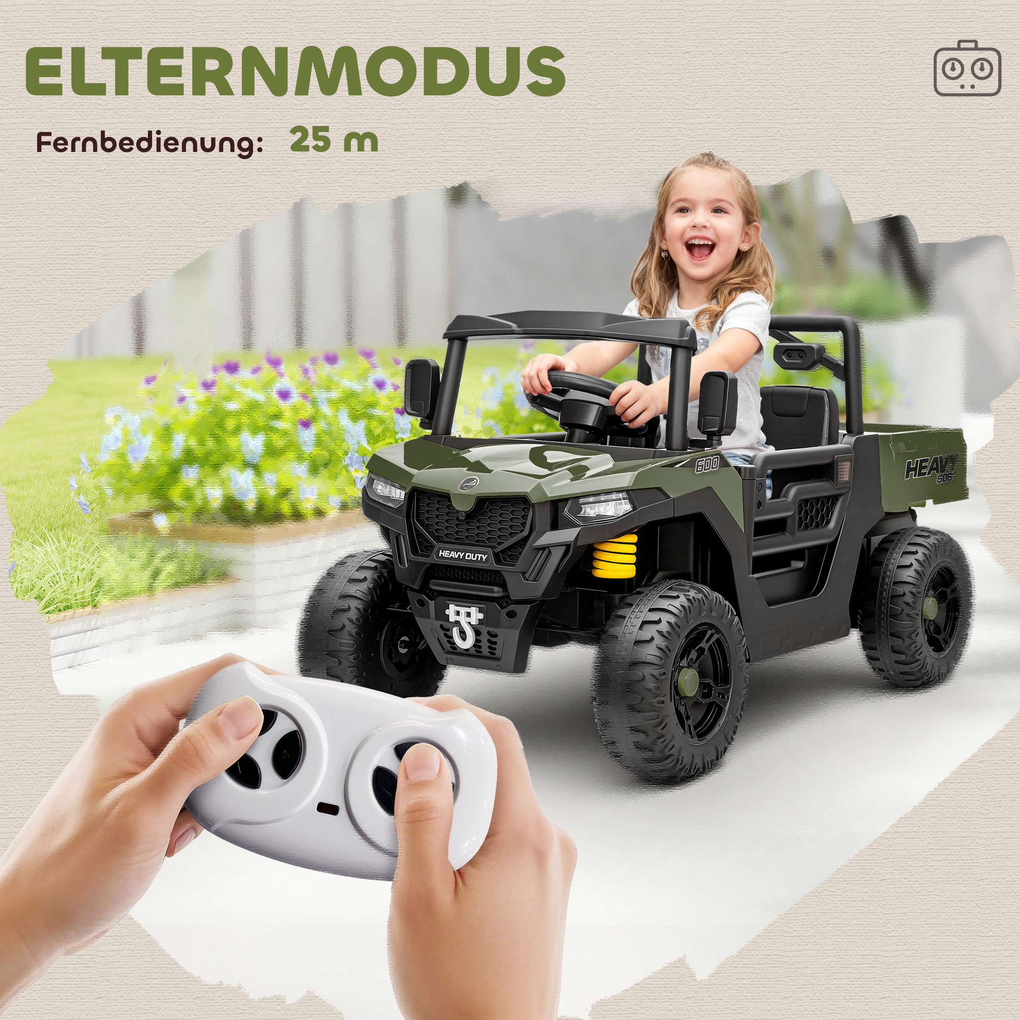Elektrofahrzeug, 2 Motoren, Kofferraum, UTV-Design, Musikfunktion, Grün