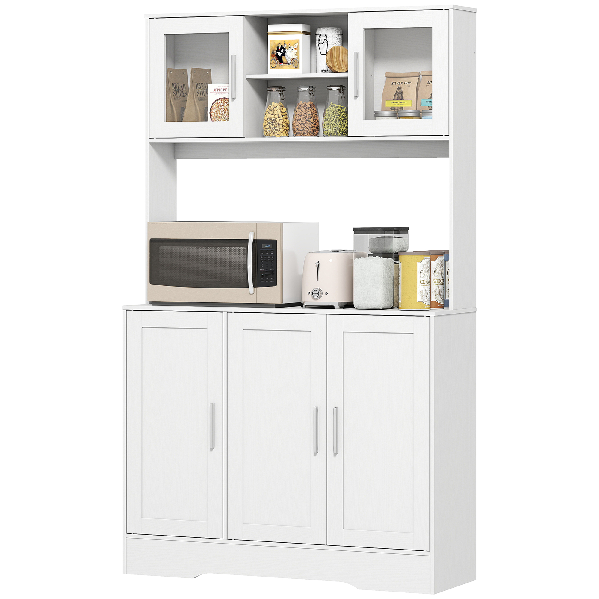 Küchenschrank, Skandinavisches Design, 4 Schränke, verstellbare Regale, Glastüren, offene Fläche, Spanplatte, MDF, Weiß Küchenschrank, Skandinavisches Design, 4 Schränke, verstellbare Regale, Glastüren, offene Fläche, Spanplatte, MDF, Weiß