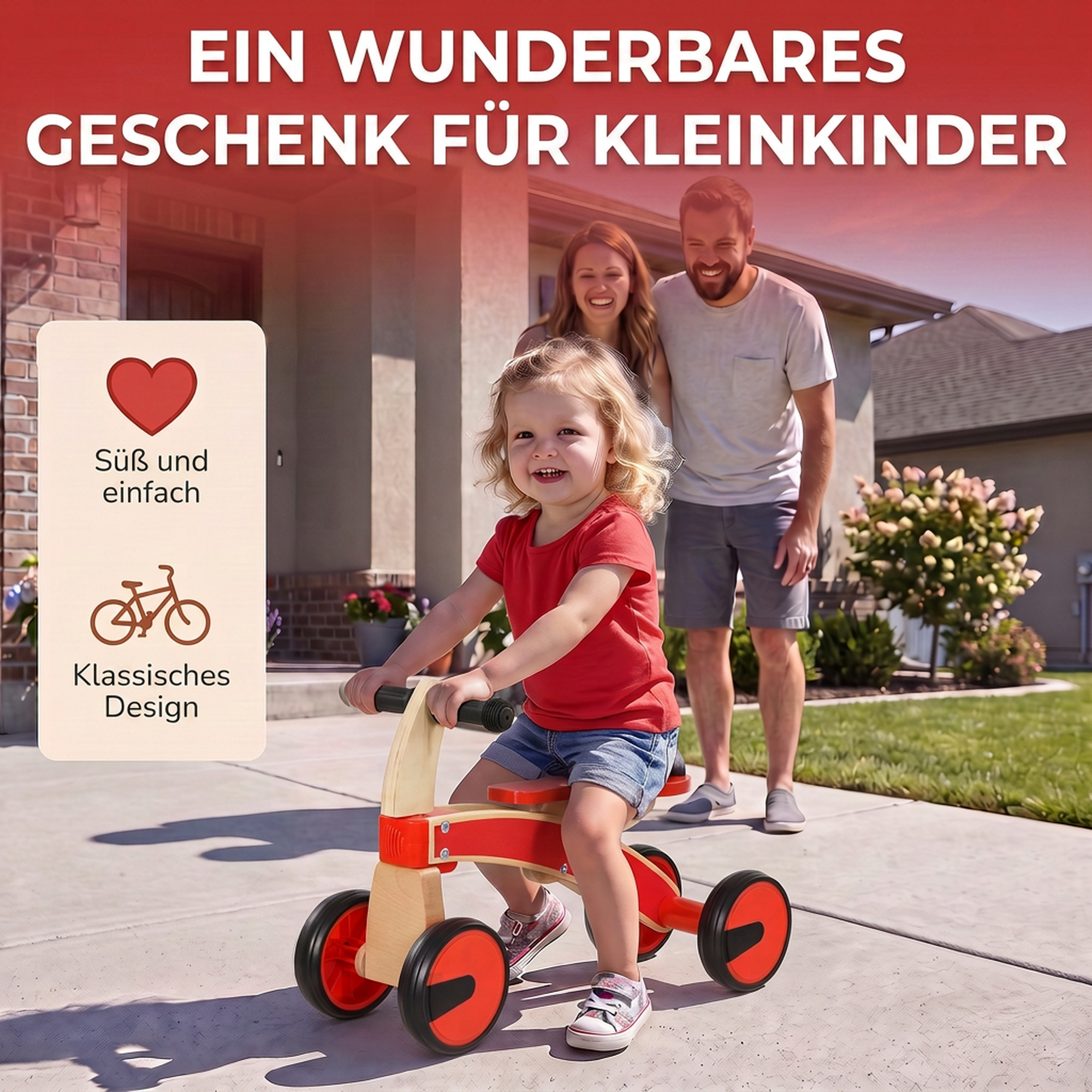 Rutschauto Kinder, Holz Rutschfahrzeug mit EVA-Rädern, höher Rückenlehne Kinder von 2–3 Jahre, Rot