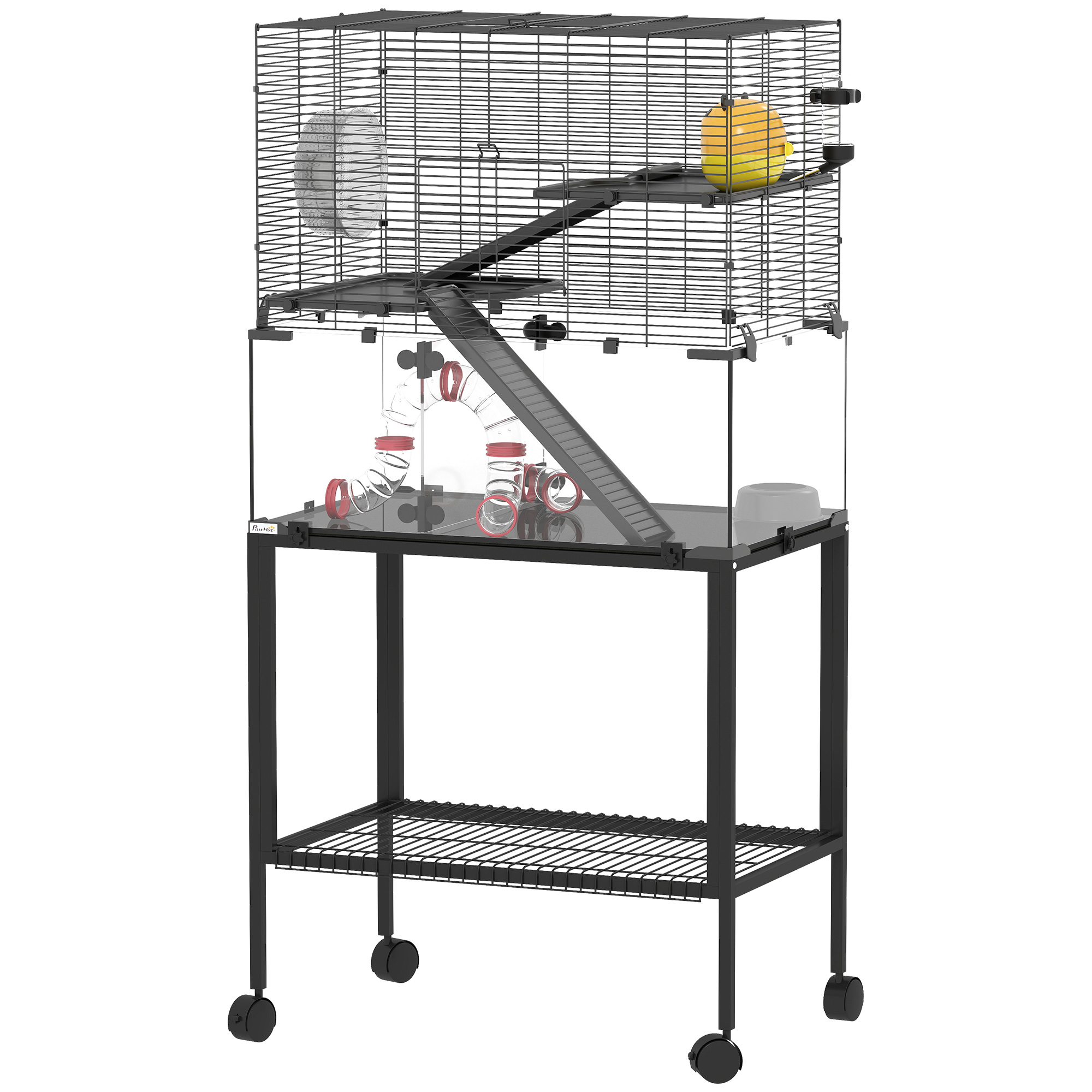 Hamsterkäfig, Kleintiergehege mit 3 Ebenen, Laufrad, Hütte, Plattformen, Rampen, Futterschale, Wasserflasche, Zubehör, Stahl, Kunststoff, Schwarz