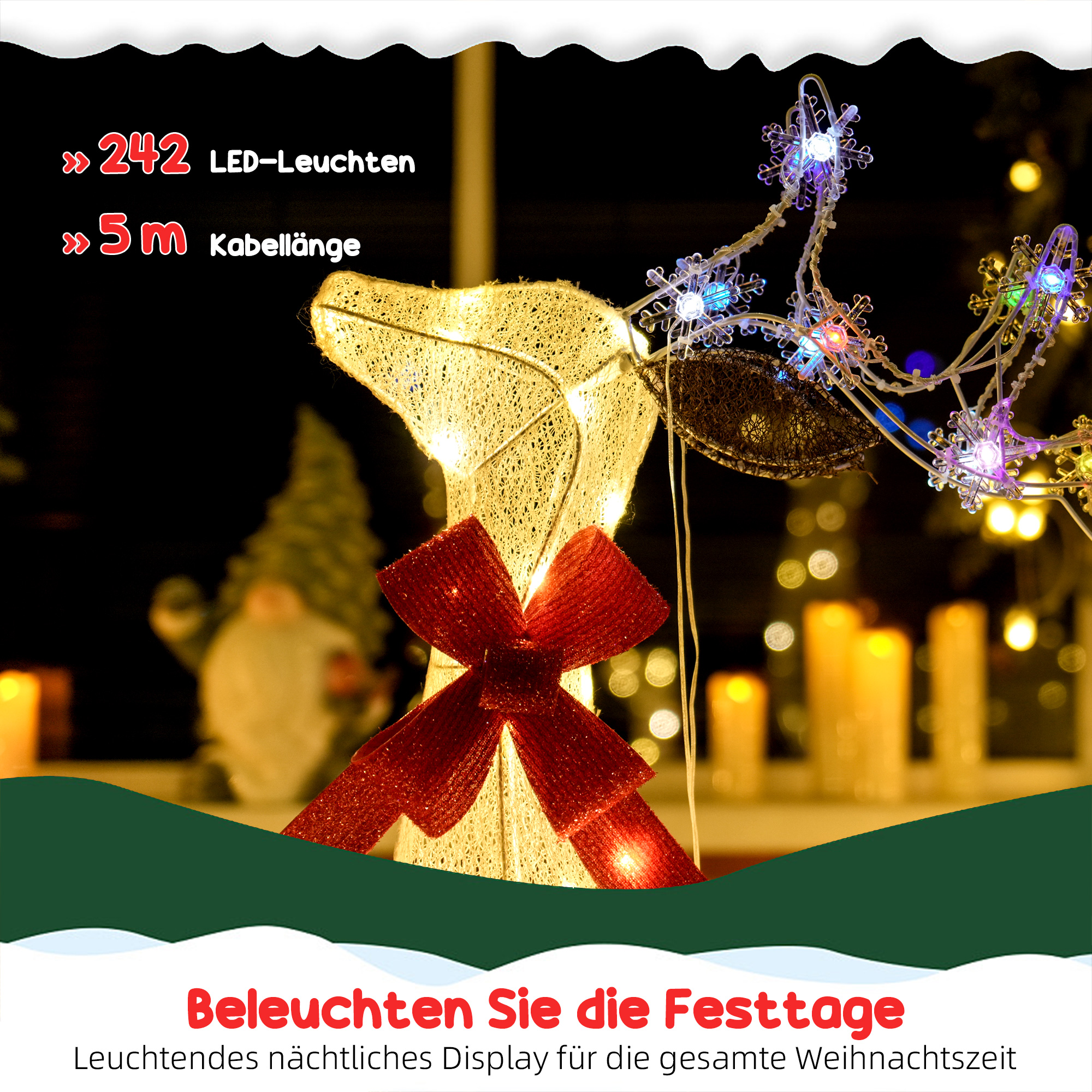 3-teilige Weihnachts-Dekoration, Rentier-Familie mit LED-Beleuchtung, rote Schleife, Stahl, Polyester, wasserfest